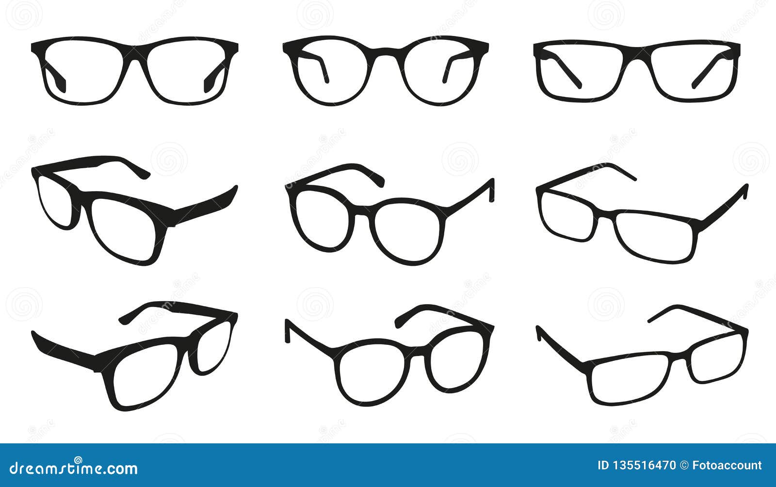 glasses icons - different angle view - black   set -  on white background