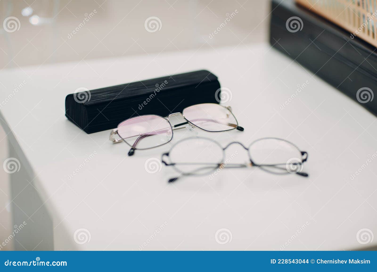Glasses Lens on Table. Eyeglasses Transparent Diopter Stock Photo