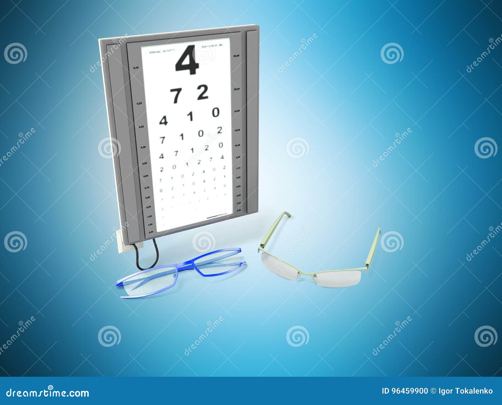 Glasses of Ophthalmologist Glasses 3d Render on Blue Background Stock Illustration