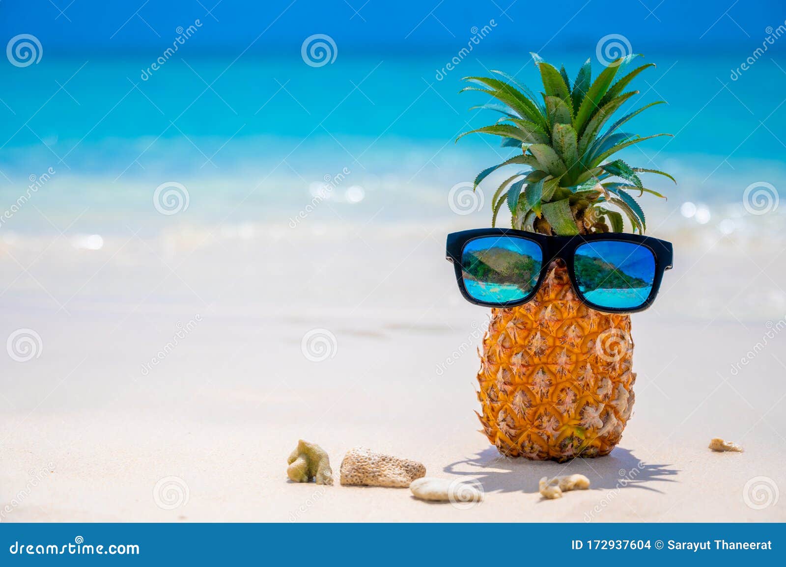 Glasses Pineapples are Located on the Beach by the Sea in the Hot Sun