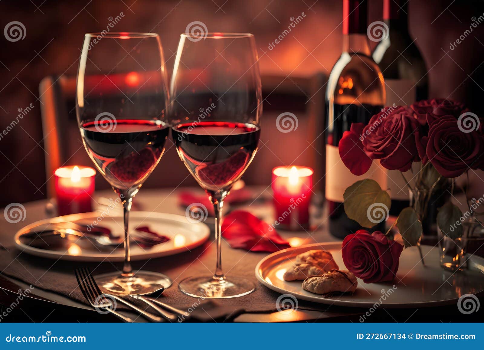 Glasses of Red Wine in a Restaurant. Romantic Dinner Stock Photo