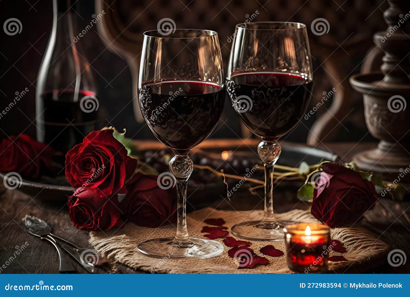 Glasses of Red Wine in a Restaurant. Romantic Dinner Stock Photo