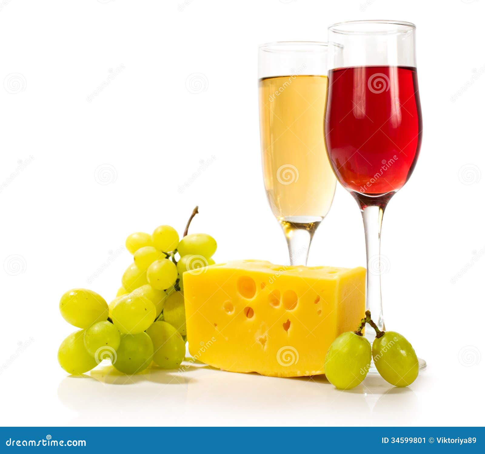 Glasses of White and Red Wine with Cheese and Grapes Stock Image