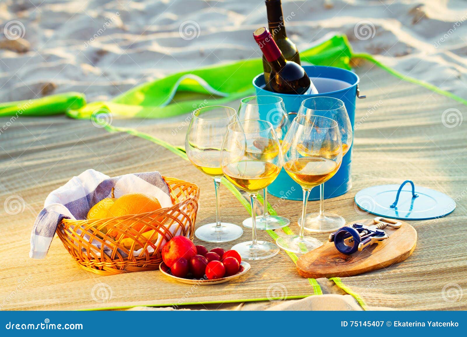 Glasses of the White Wine on the Beach on Sunset, Picnic Theme, Stock ...