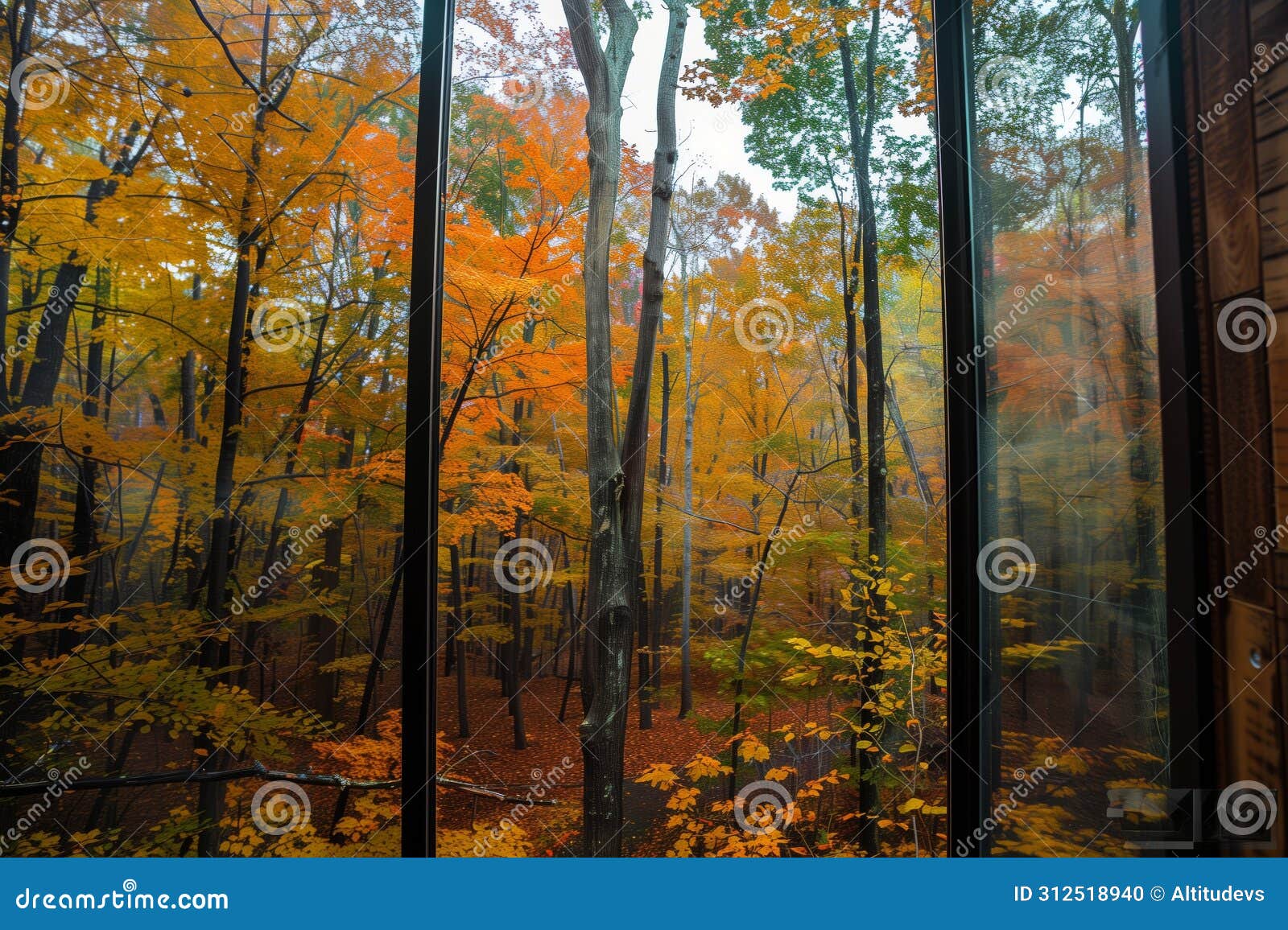 glasswalled cubicle with view of autumn colored woods