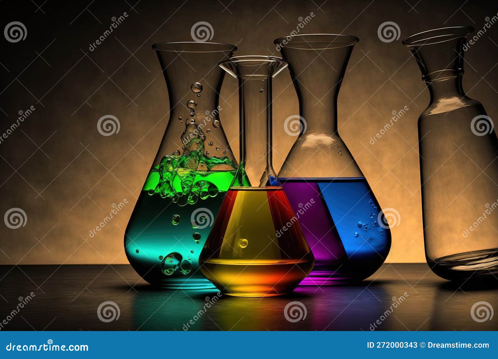 Glassware from a Chemistry Lab with Various Colored Liquids on a Table