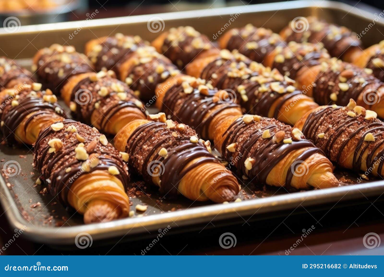 Glazed Chocolate Pastries with Sprinkled Nuts on Display Tray Stock