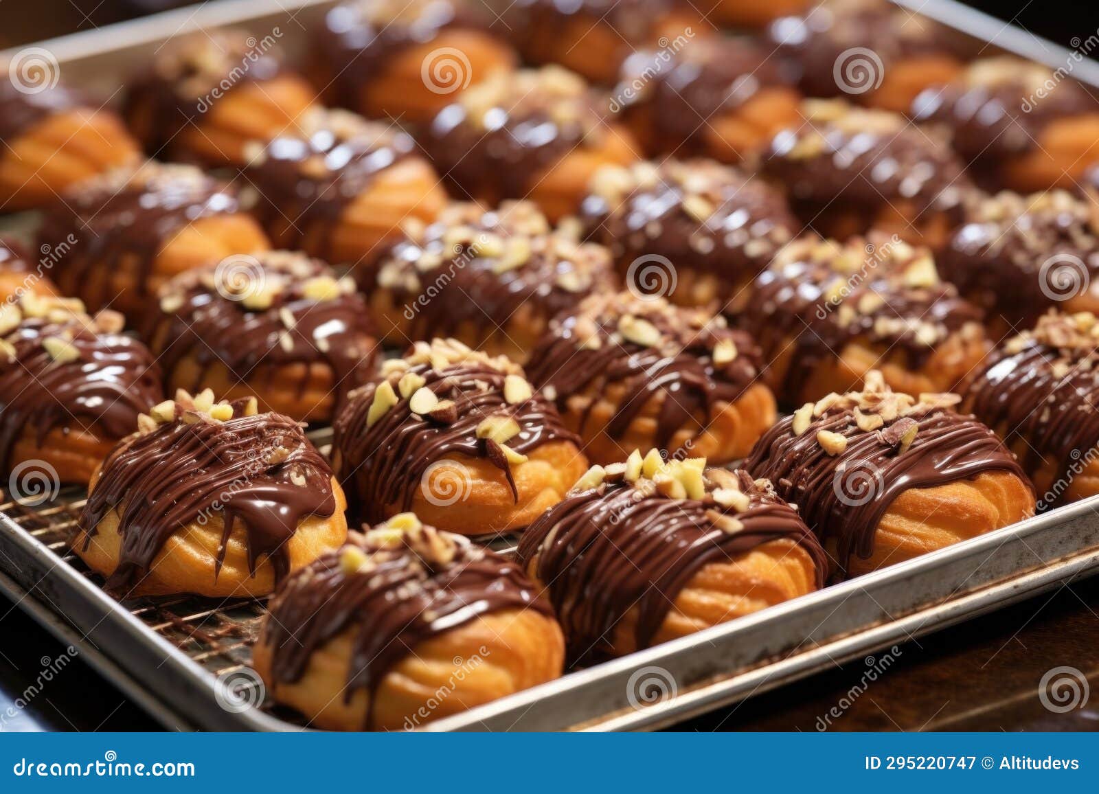 Glazed Chocolate Pastries with Sprinkled Nuts on Display Tray Stock