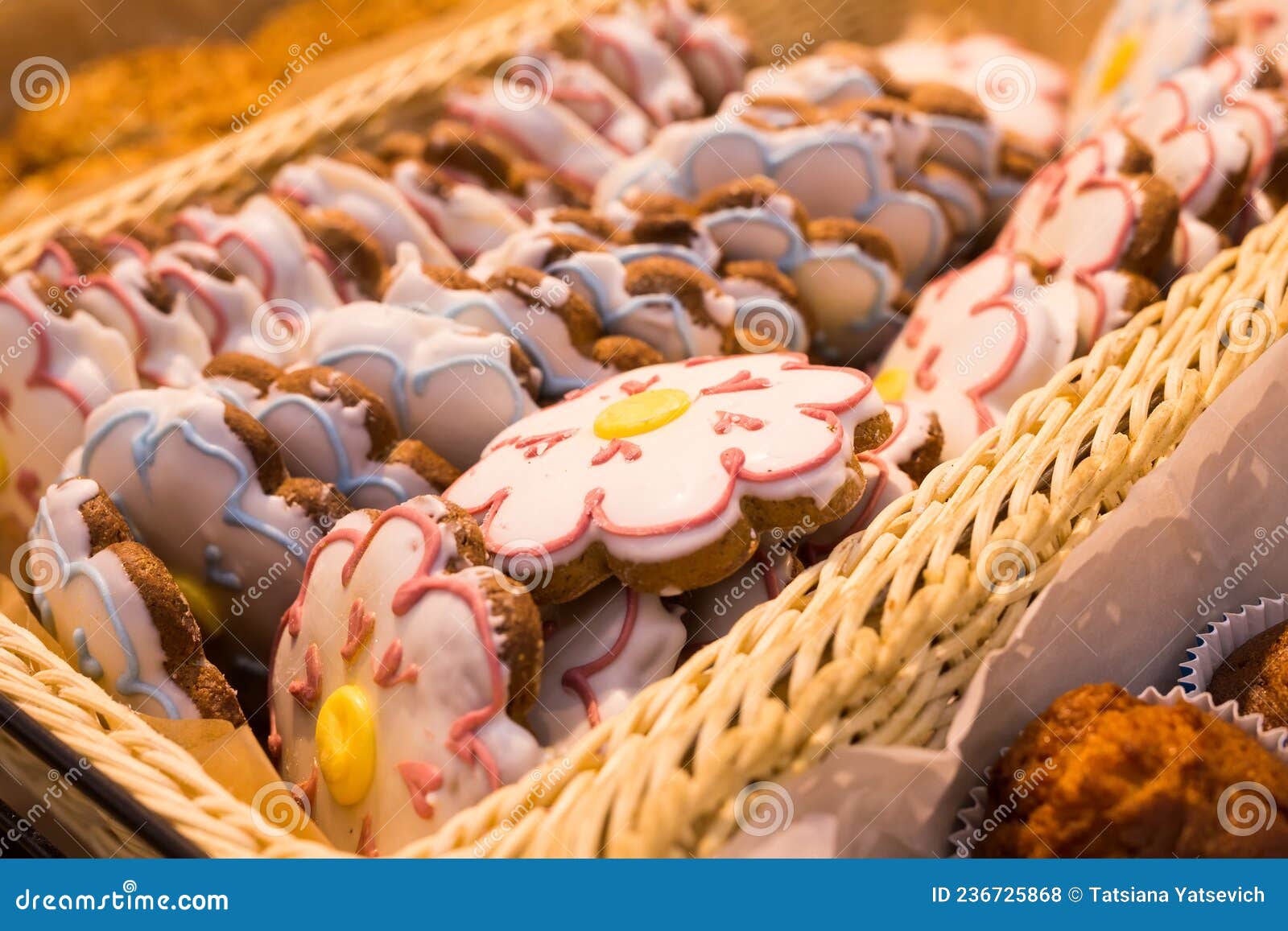 Glazed Flower Shaped Pastries on a Bakery Counter Stock Photo Image