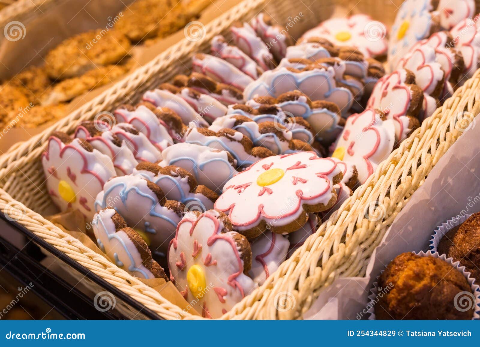 Glazed Flower Shaped Pastries on a Bakery Counter Stock Image Image