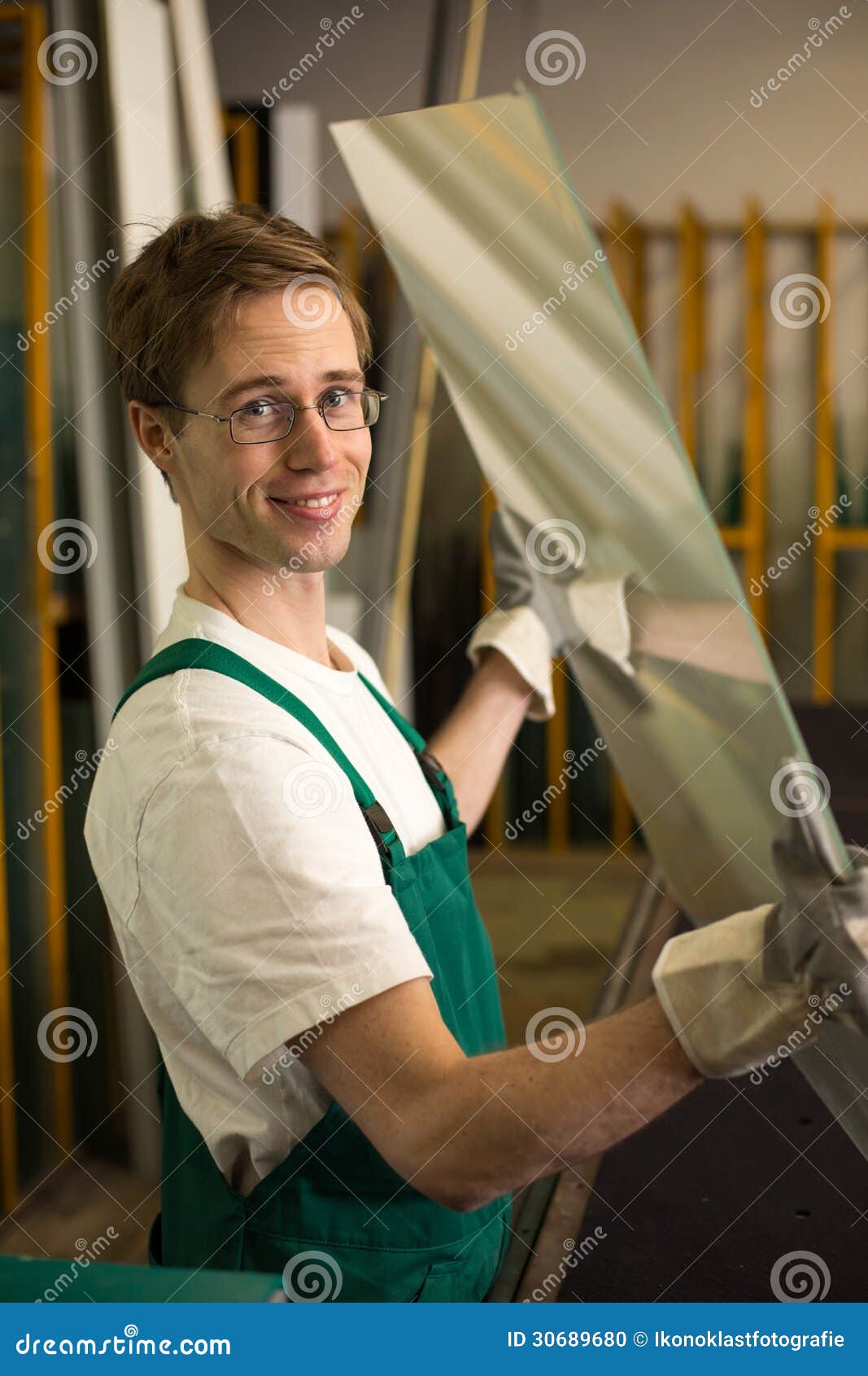 Glazier Handling Piece Of Glass In Stock Photo Image 30689680