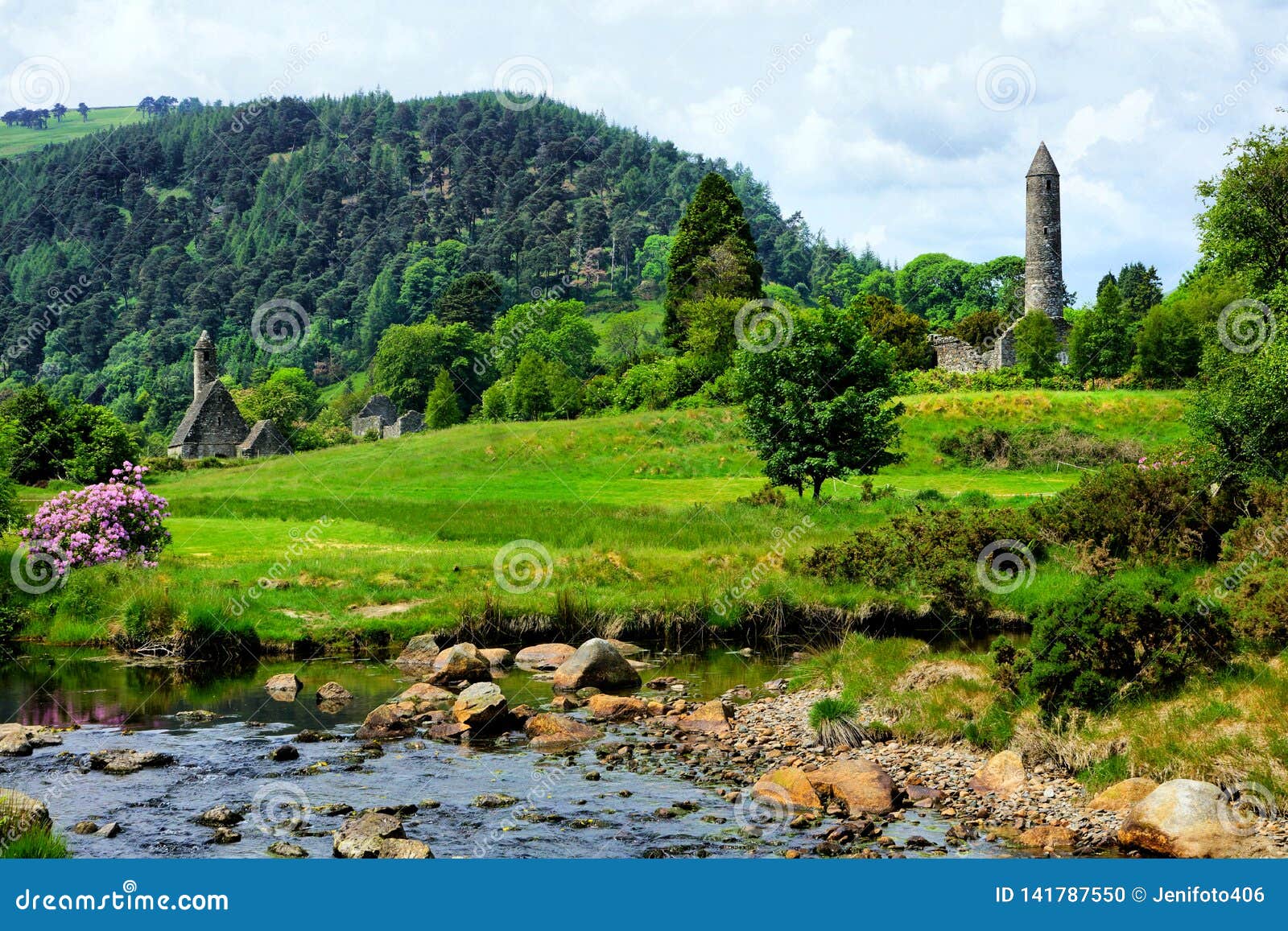 glendalough monastic site with ancient round tower and church, wicklow national park, ireland