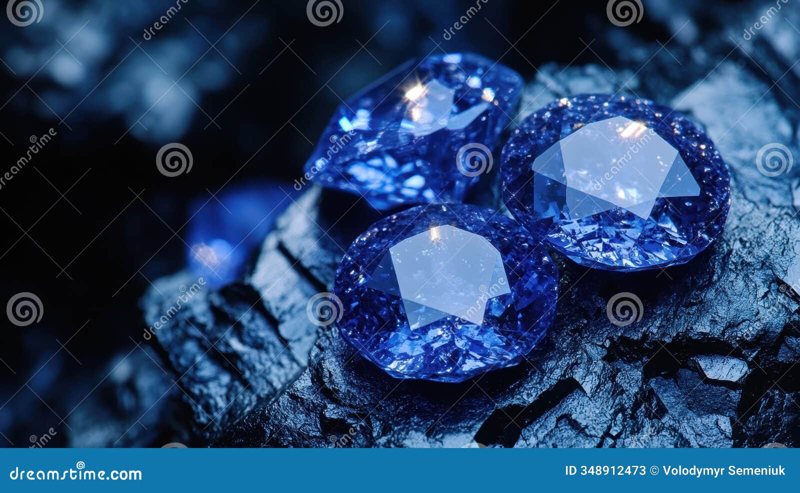 rare benitoite gems shine brightly against dark stone background in captivating display