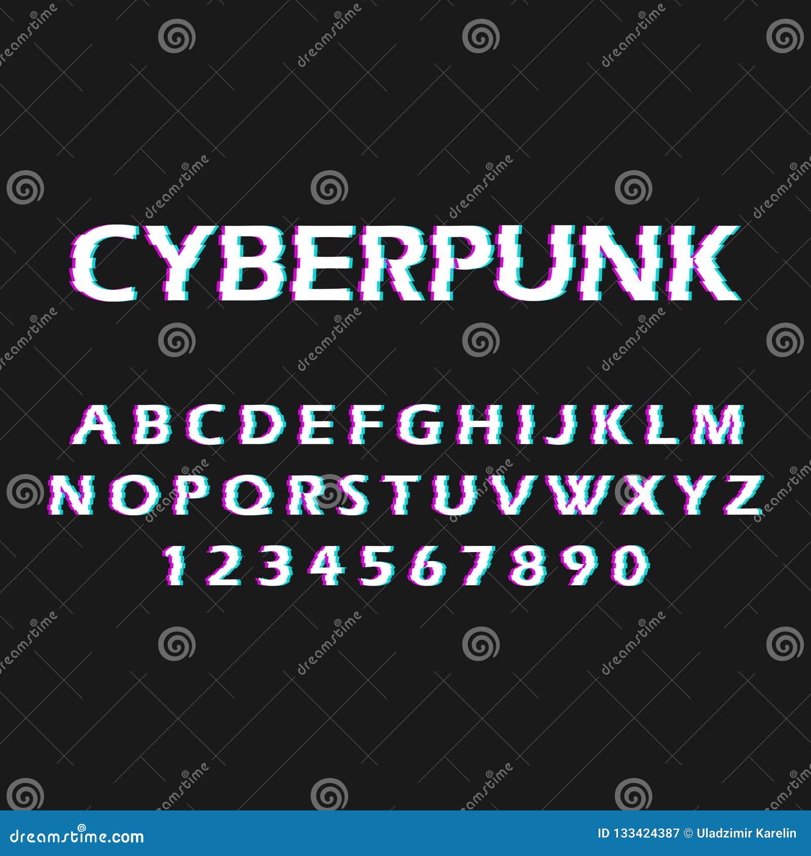 glitch font. distorted, malfunction font. style cyberpunk. letters and numbers.