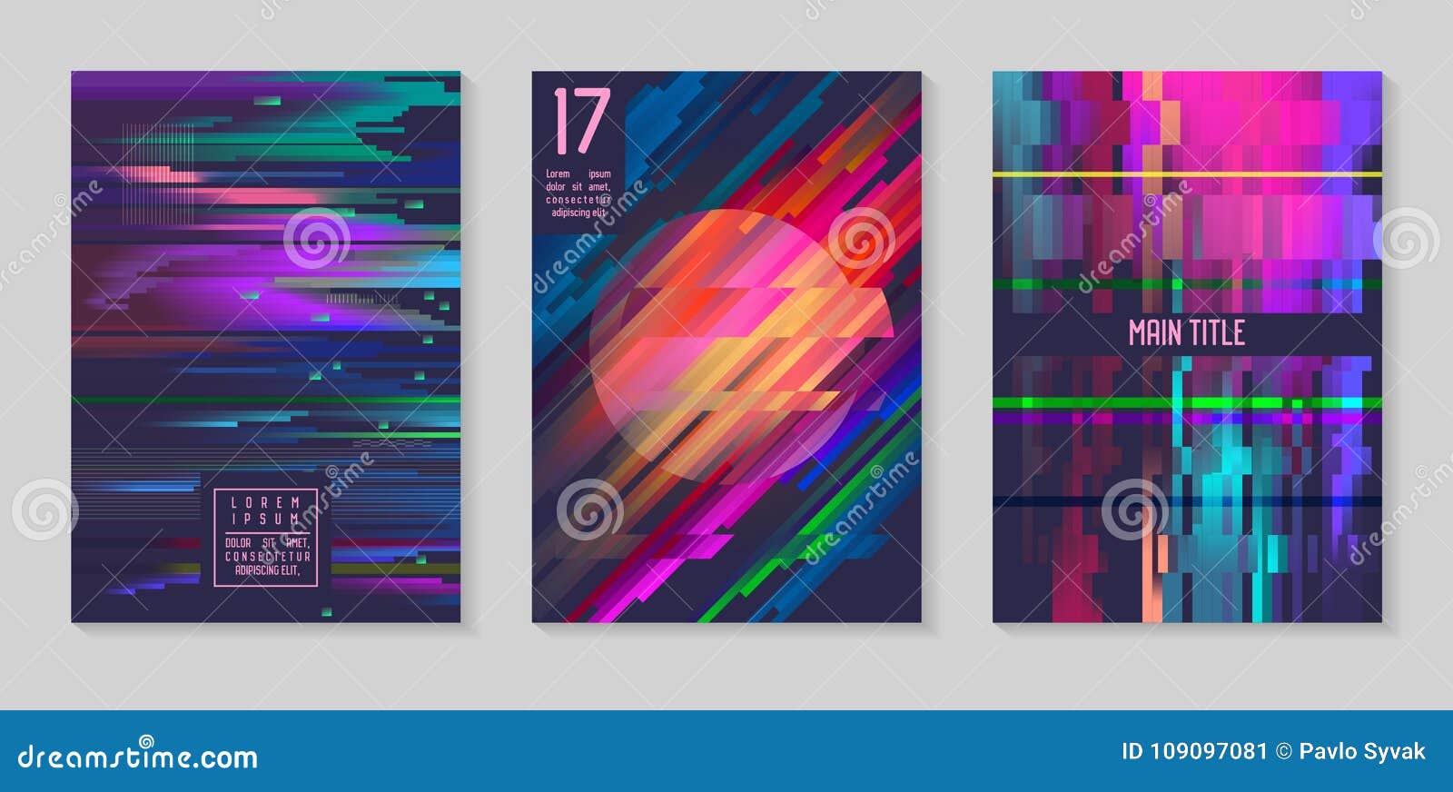glitch futuristic posters, covers set. hipster  compositions for brochures, flyers, placards. trendy template