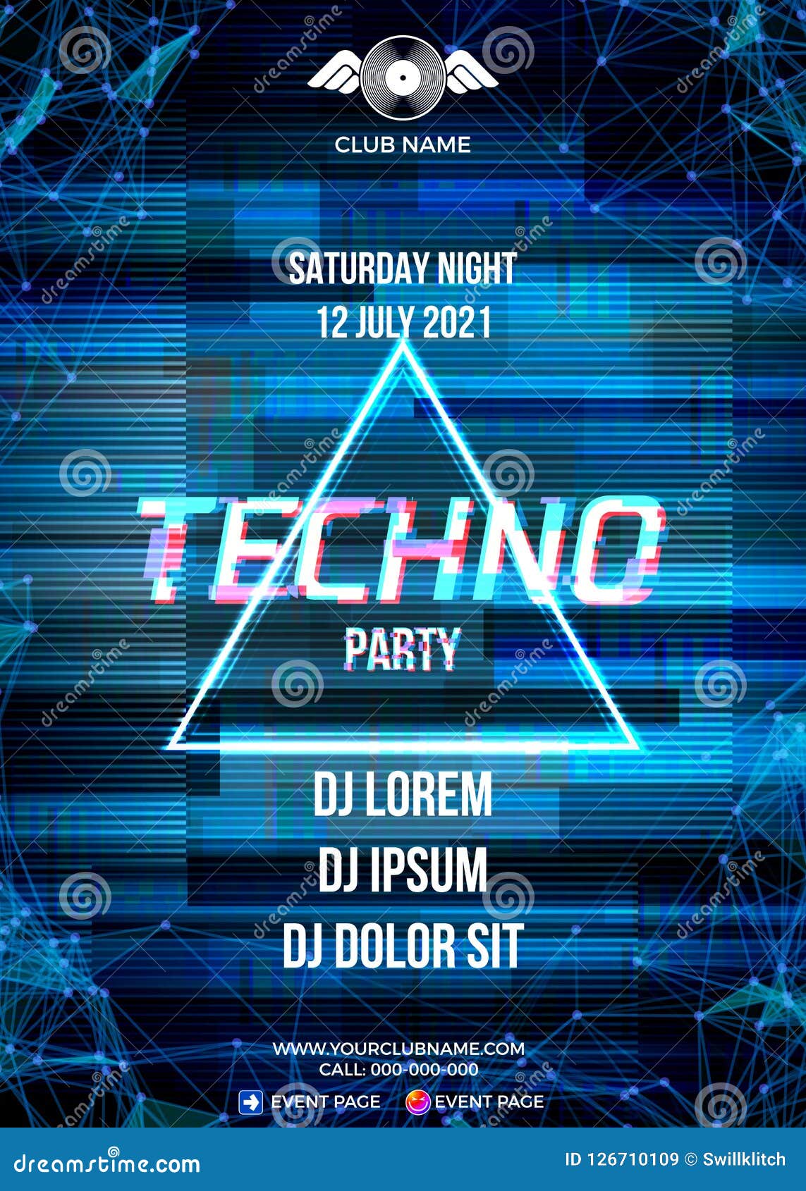 glitch party poster with blue background and triangle for techno
