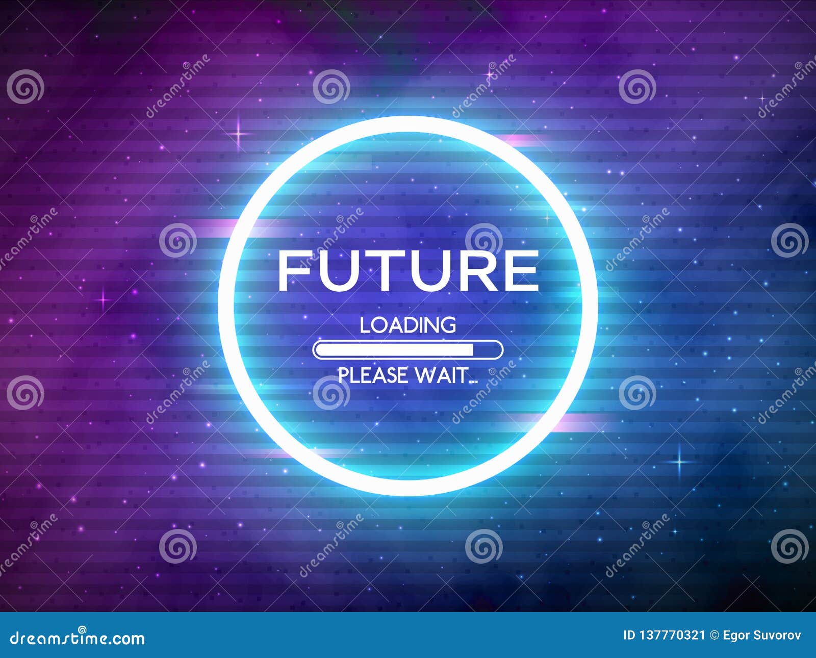 glitch retro future. glowing neon circle. round frame with data loading. space background and futuristic concept with