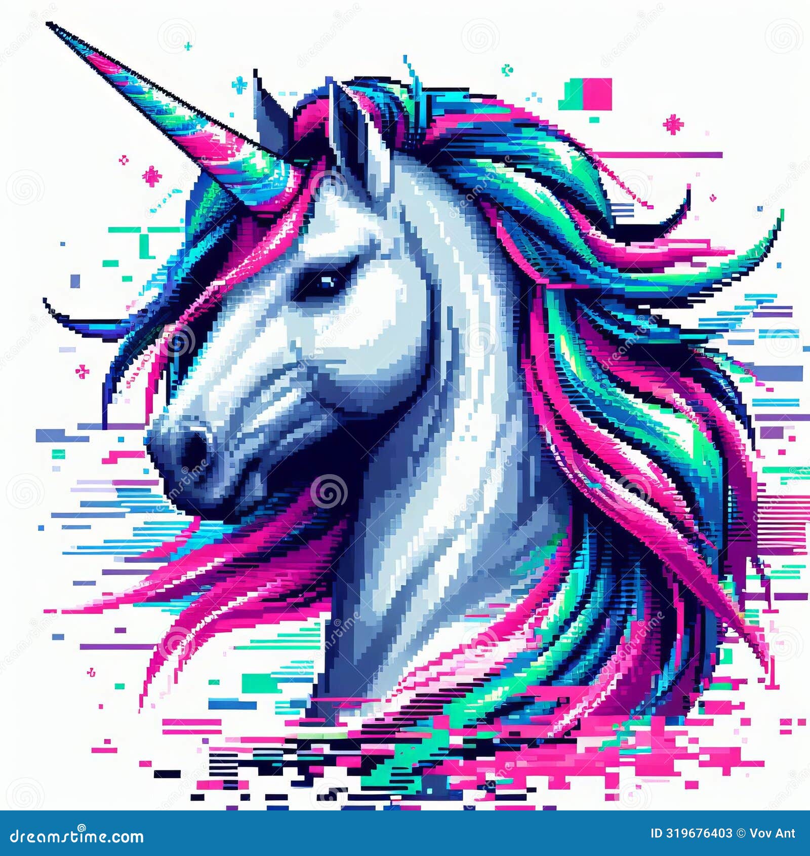 a glitchy pixelated unicorn with a holographic mane an