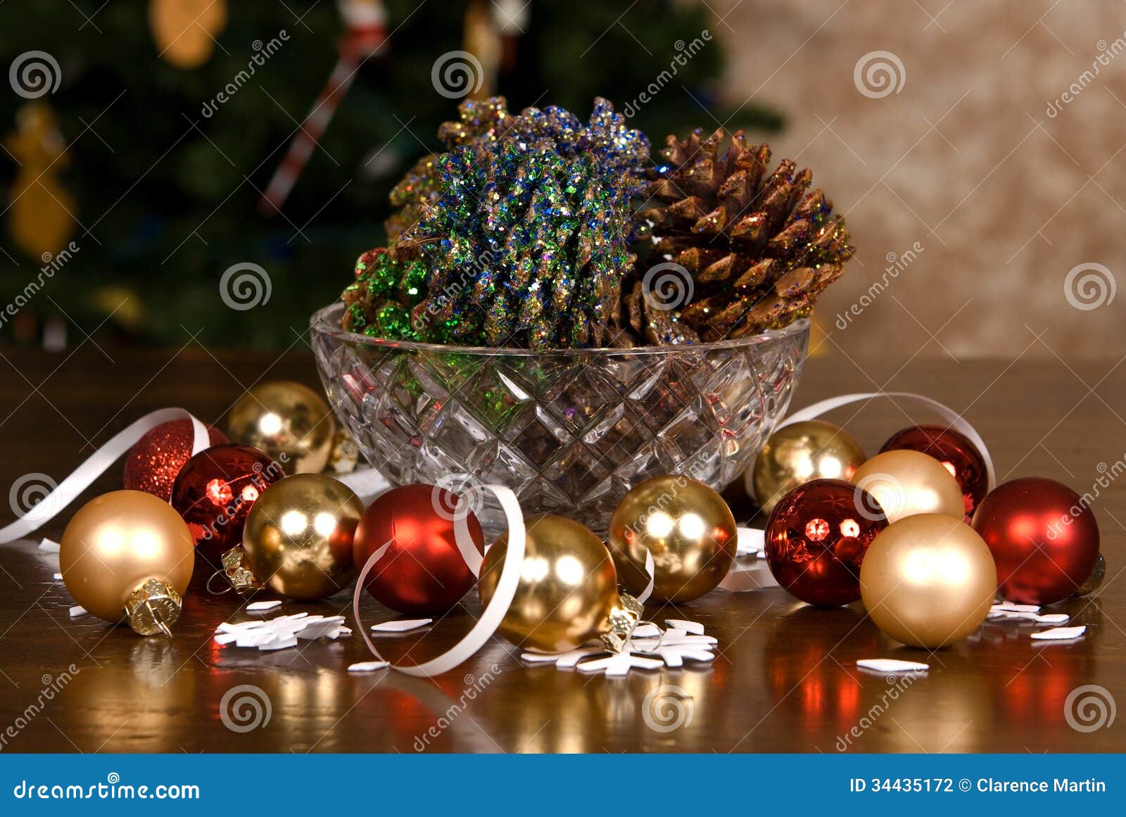 Glitter Covered Pine Cones And Christmas Bulbs Stock 