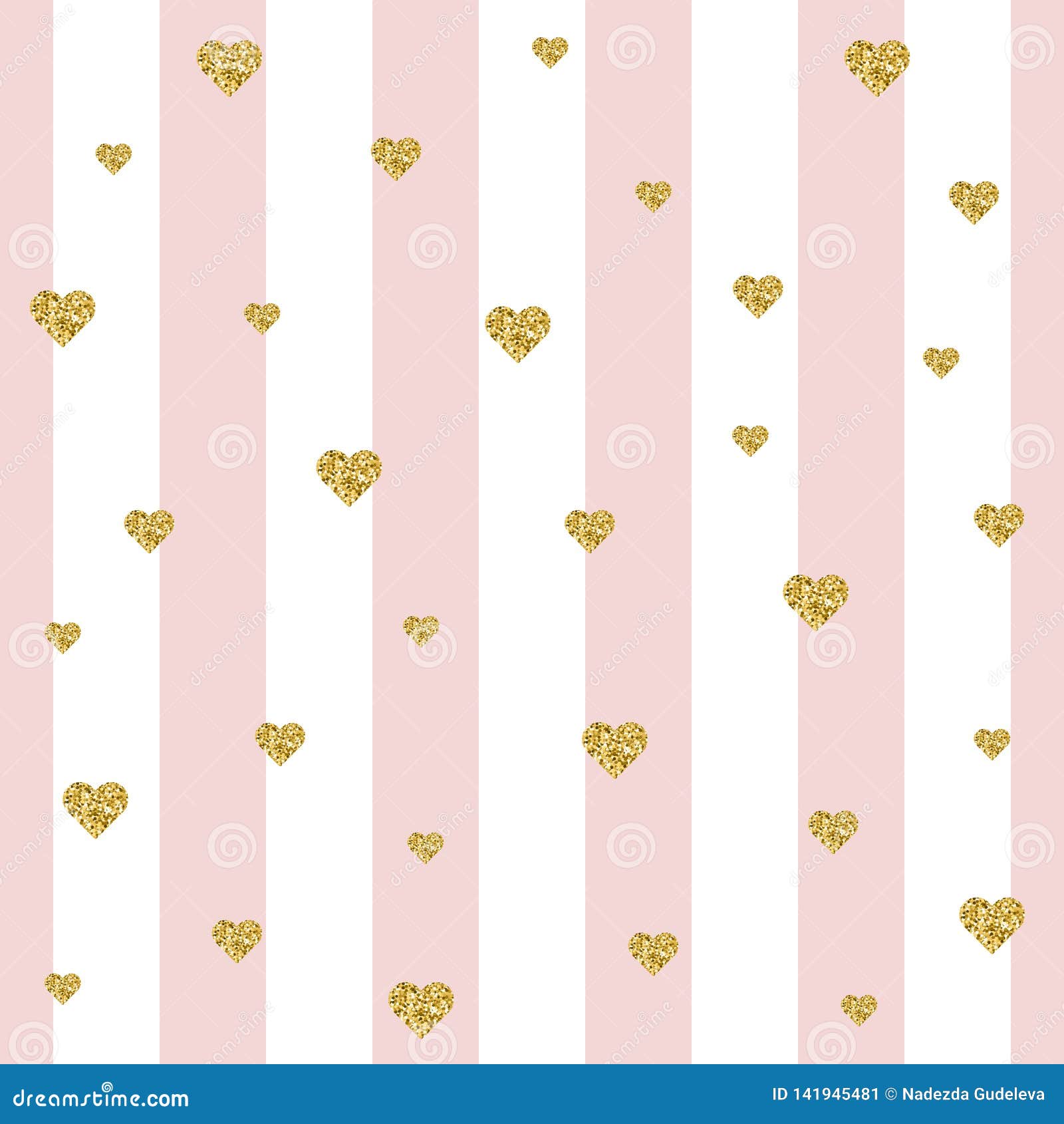 Glitter Stripe Seamless Pattern of Gold Heart on White and Pink Lines