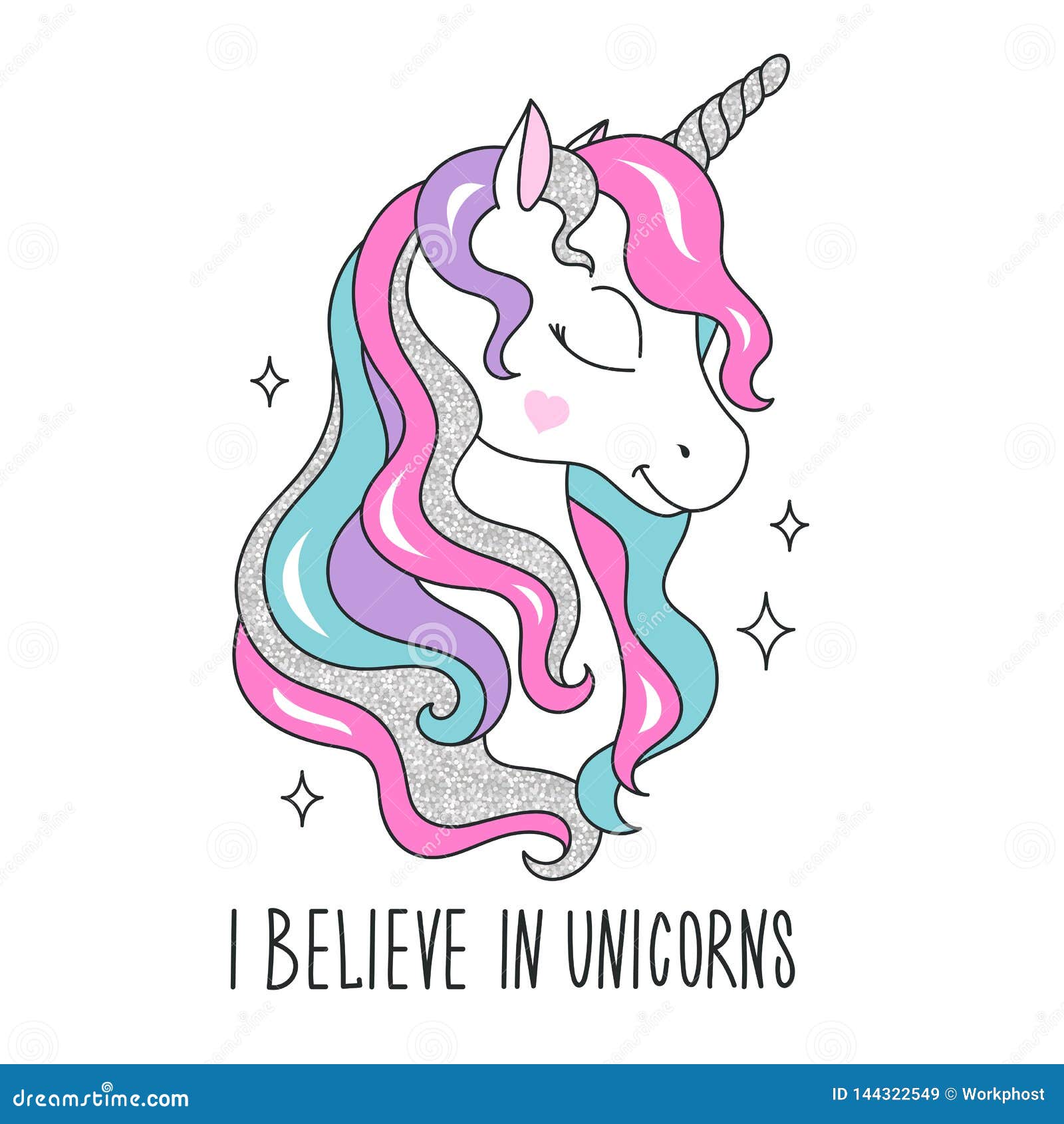 Glitter Unicorn Drawing For T Shirts I Believe In Unicorns Text Design For Kids Fashion Illustration Drawing In Modern Style Stock Illustration Illustration Of Glitter Kids