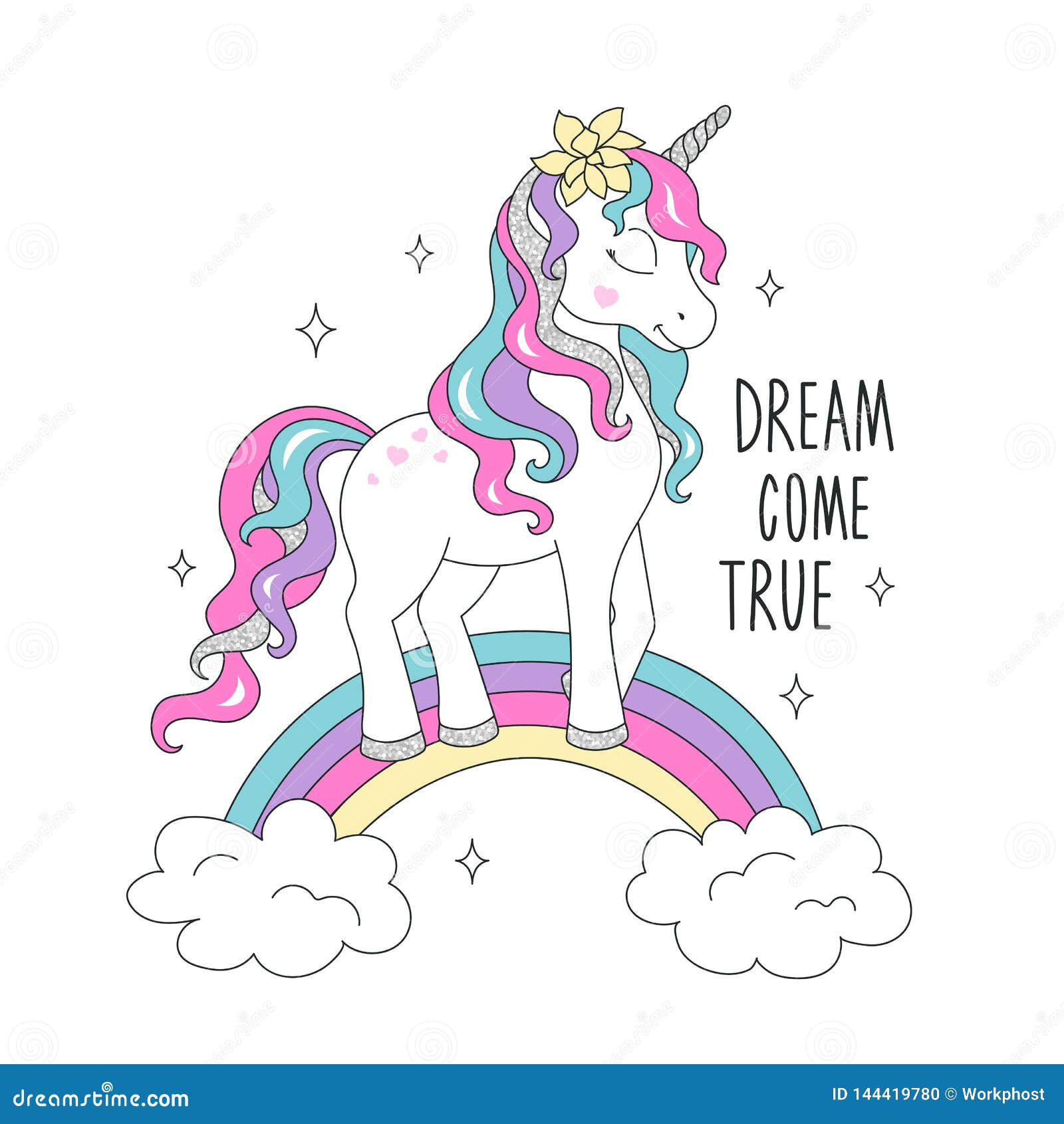 Glitter Unicorn On A Rainbow For T Shirts Dream Come True Text Design For Kids Fashion Illustration Drawing In Modern Style For Stock Illustration Illustration Of Modern Cartoon
