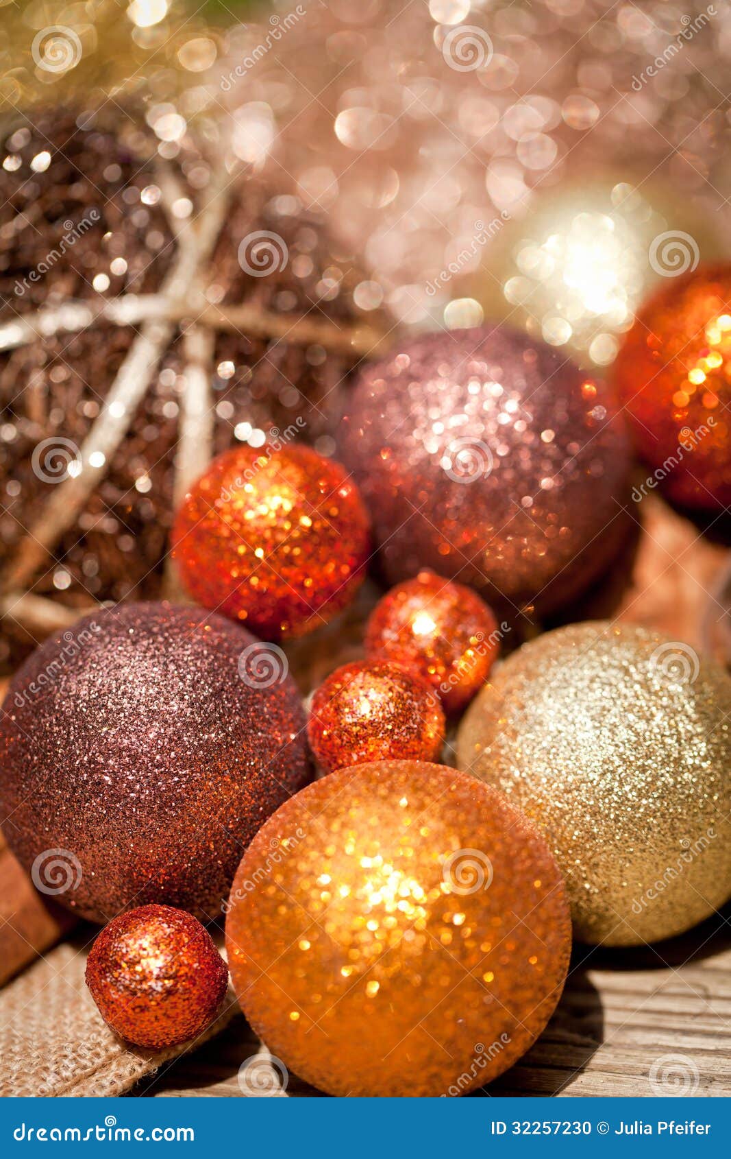 Glittering Christmas Decoration in Orange and Brown Natural Wood Stock ...