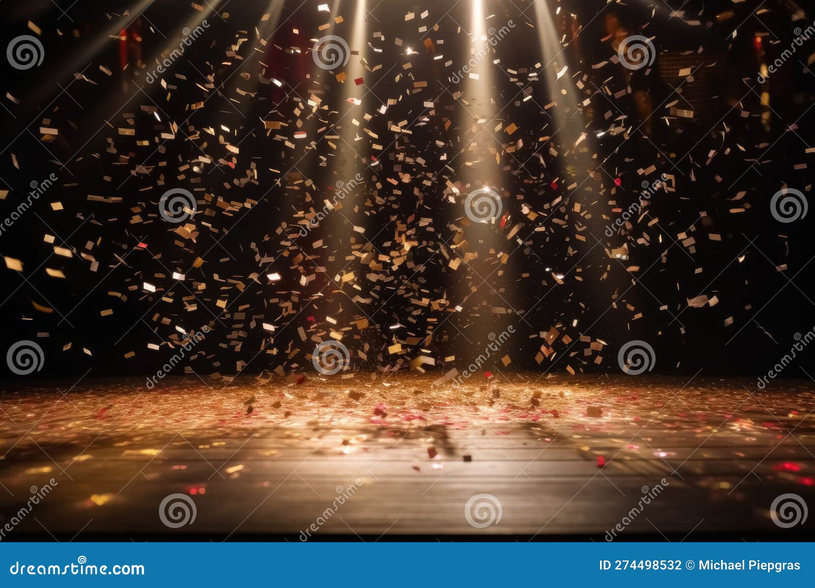Glittering Confetti Falling Down on a Stage with Lightbeams Background