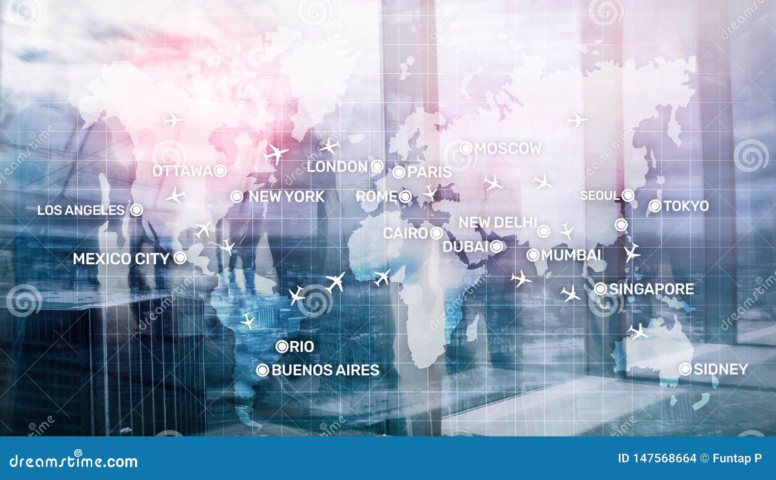 global aviation abstract background with planes and city names on a map. business travel transportation concept.