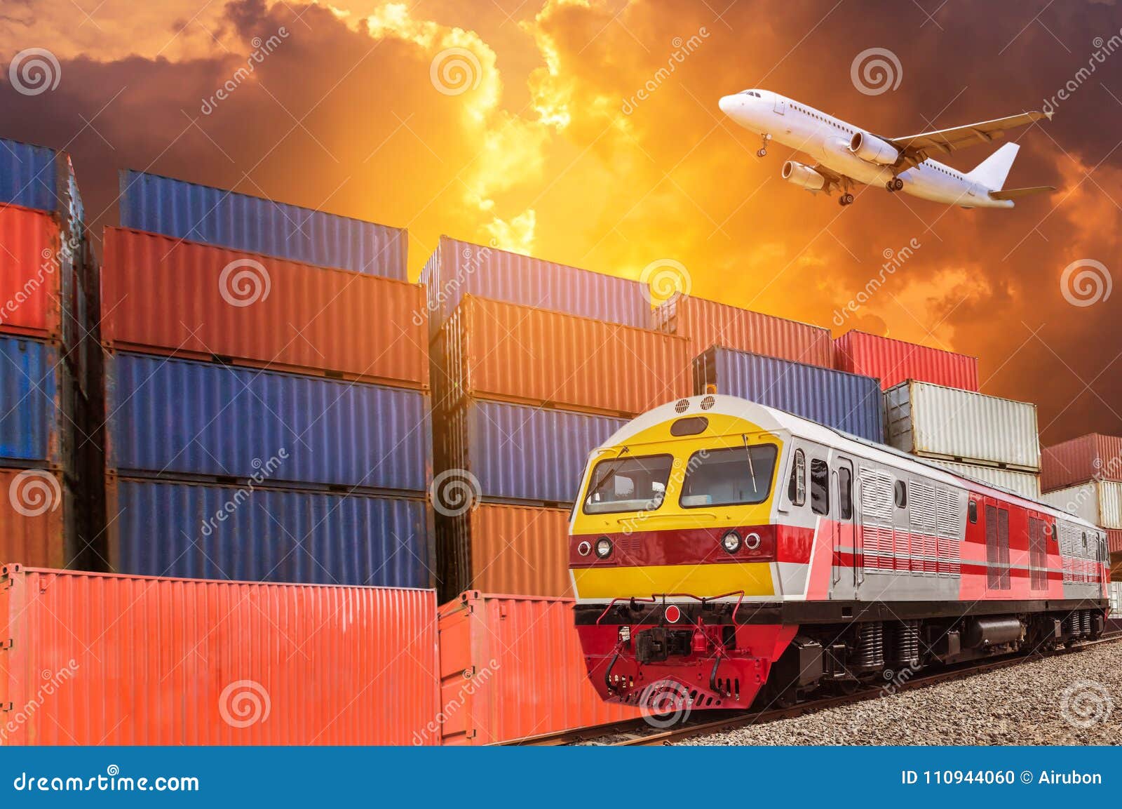 Global Business with Commercial Cargo Freight Train and Container Cargo