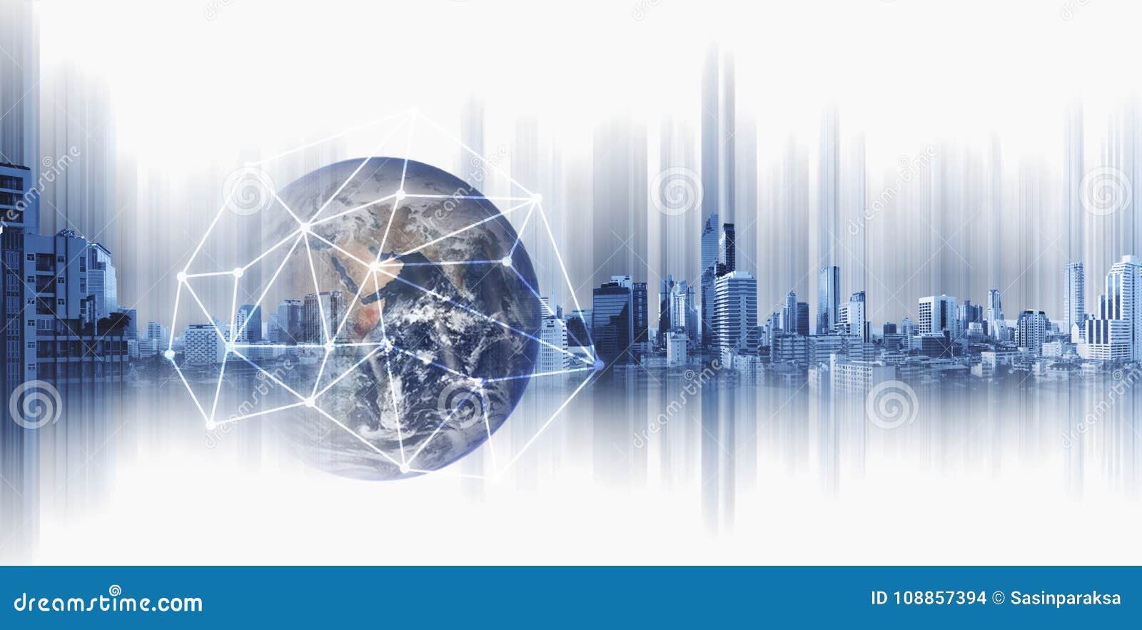 global business and networking, double exposure globe with network connection lines and modern buildings, on white background. ele