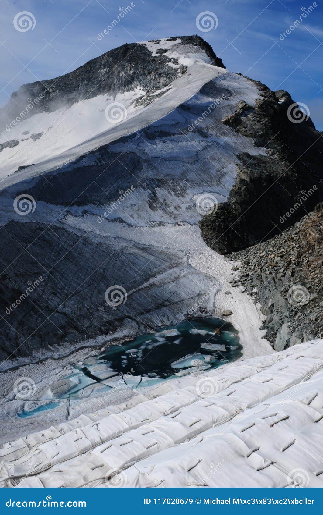 global clima change: melting piz corvatsch glacier in the upper