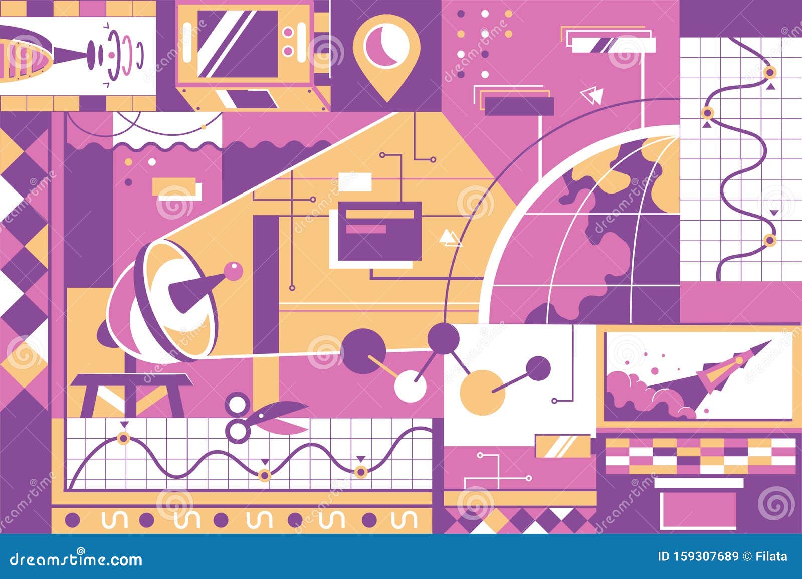 global communications items background of rocket and space technology.
