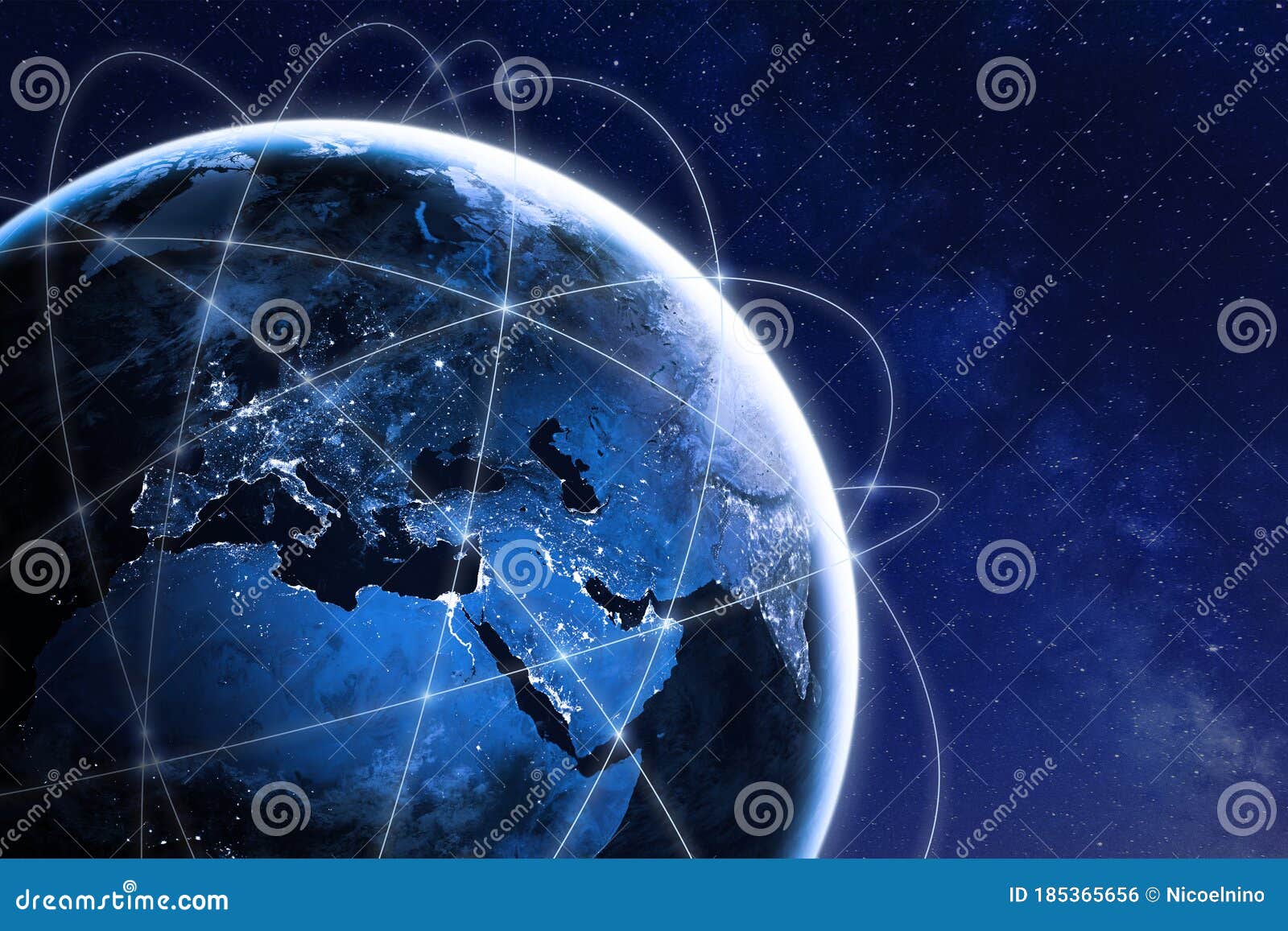 global connectivity concept with worldwide communication network connection lines around planet earth viewed from space, satellite