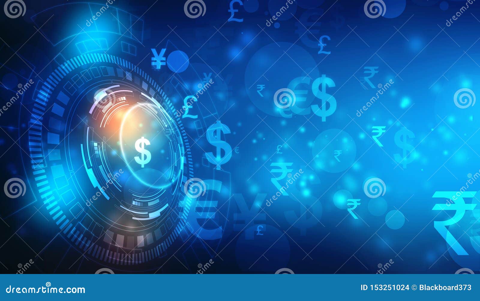 global currency on technology background, money transfer, stock market concept