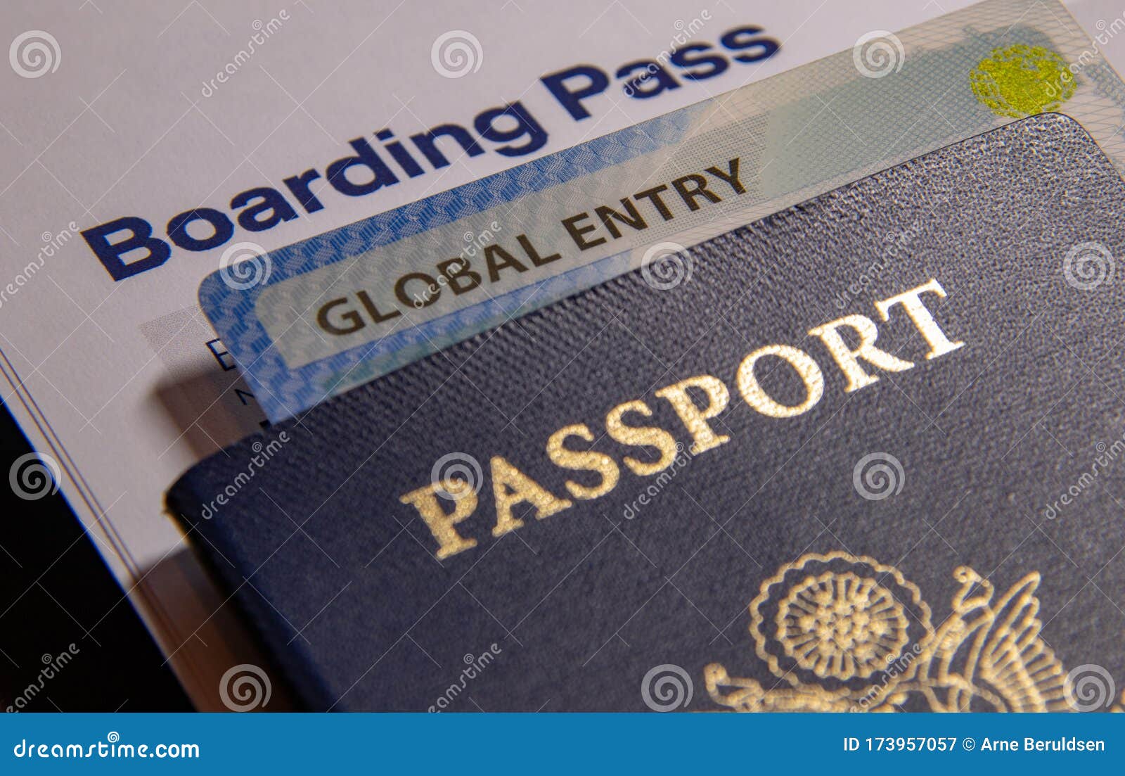 global entry card with usa passport and airline boarding pass