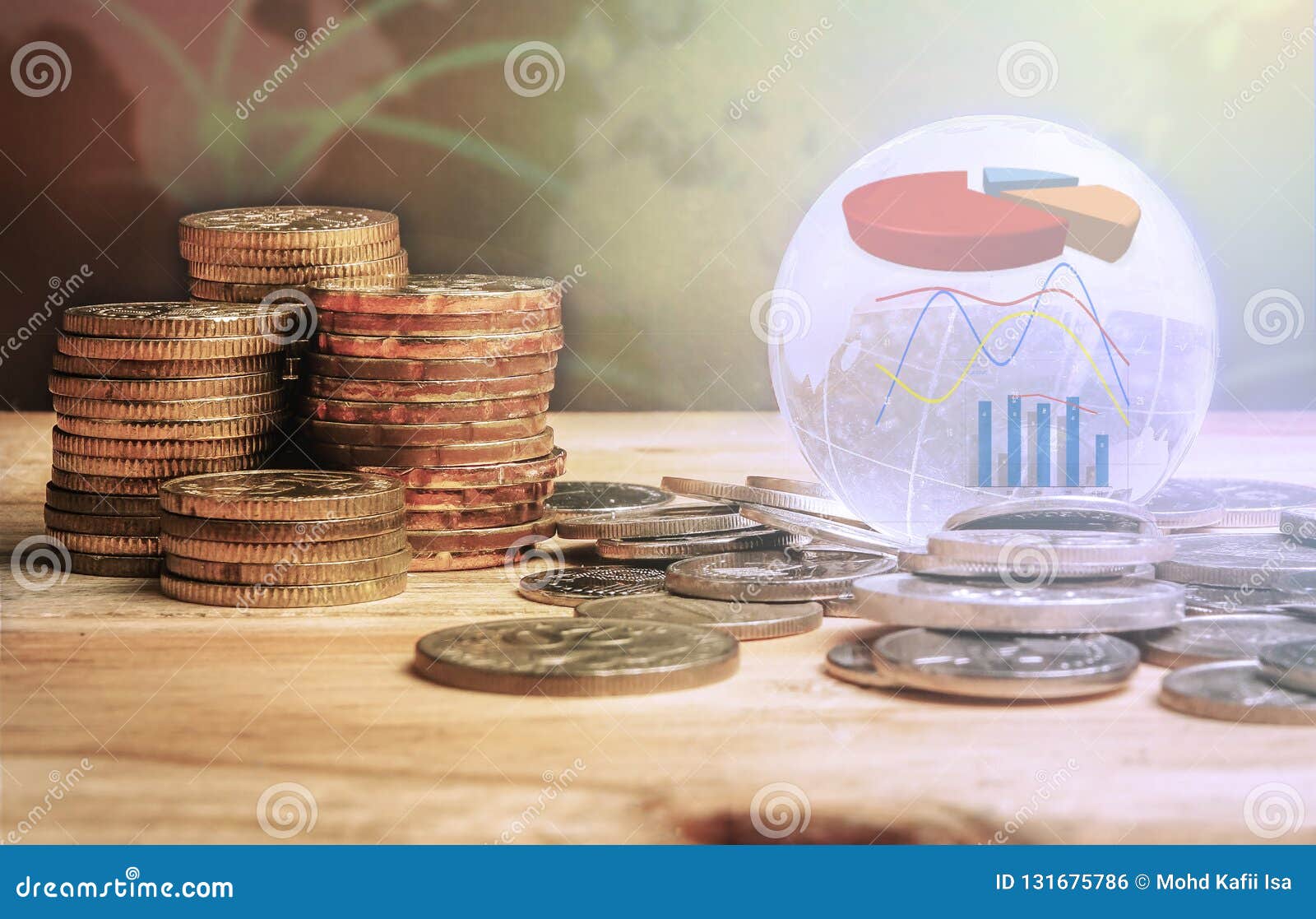 global financial concept. stack of coins and globe with graph icons over a blur map background. selective focus