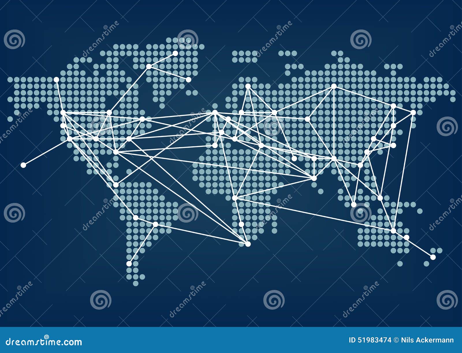 global network connectivity represented by dark blue world map with connected lines