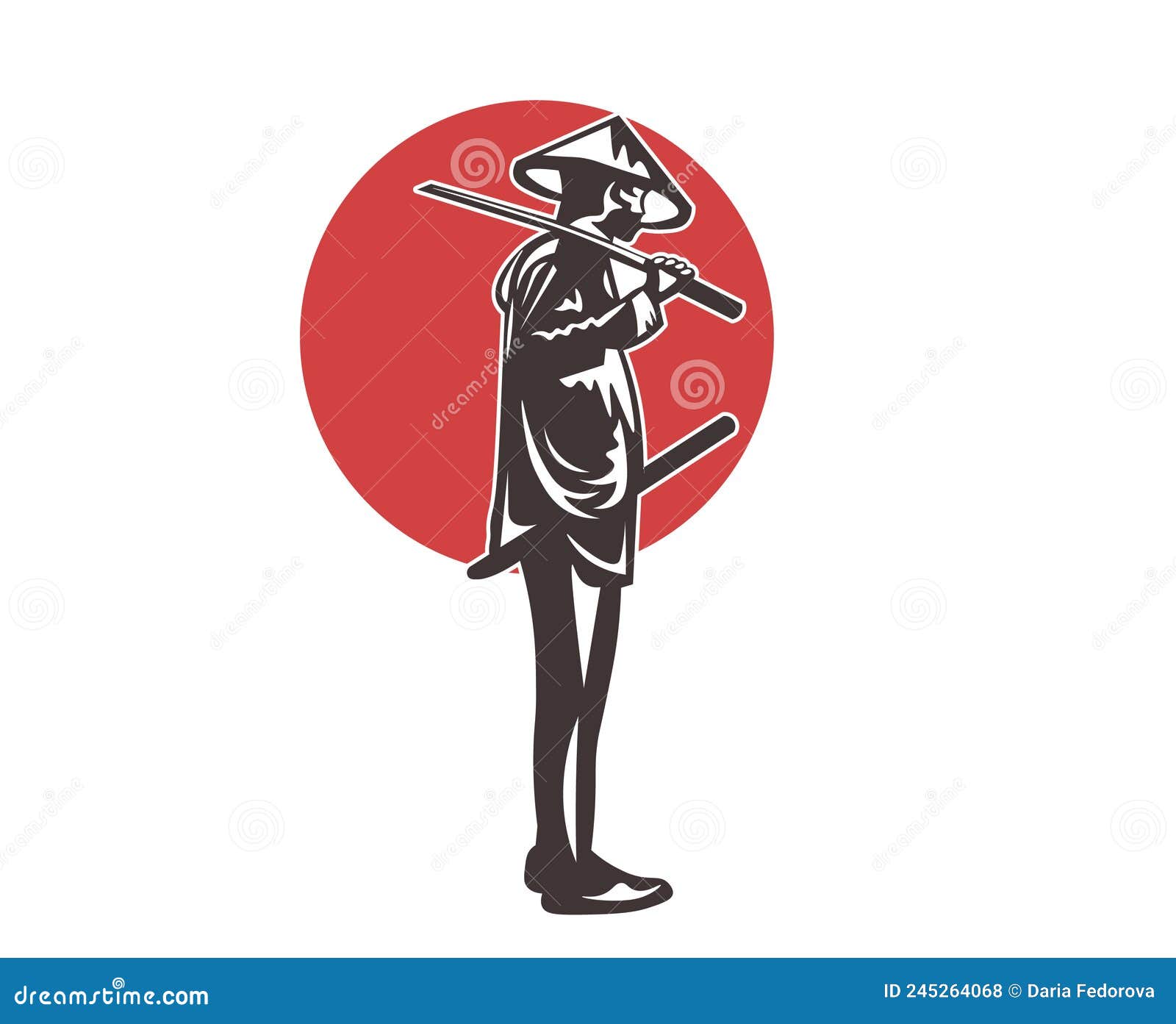 man samurai silhouette. black ninja with a red japan circle on the background.