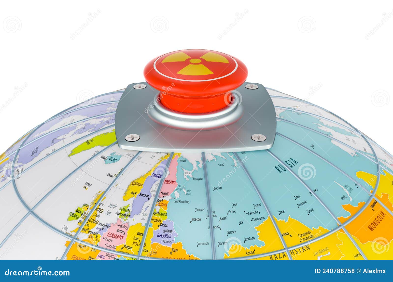 global nuclear threat concept. nuclear red button on the earth globe, 3d rendering
