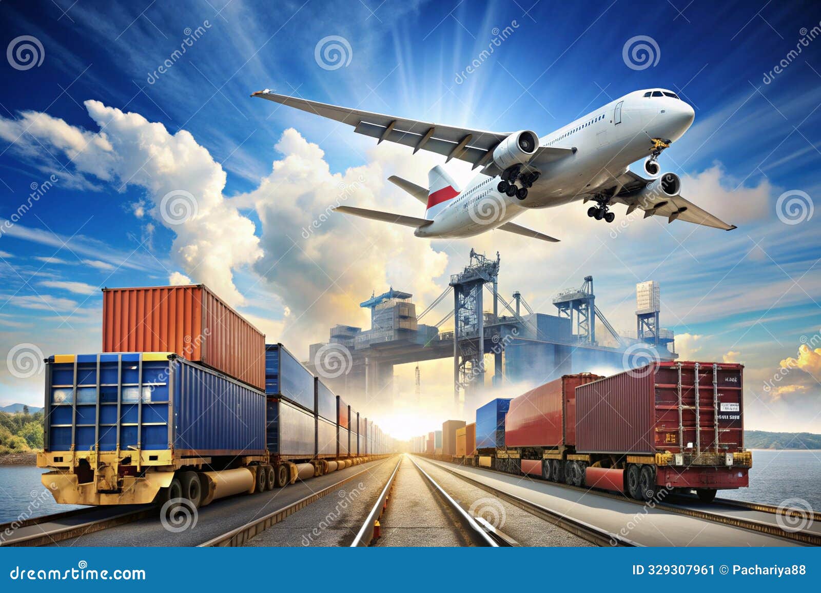 the global trade shows how goods are transported internationally by rail air freight and shipping ai-created content