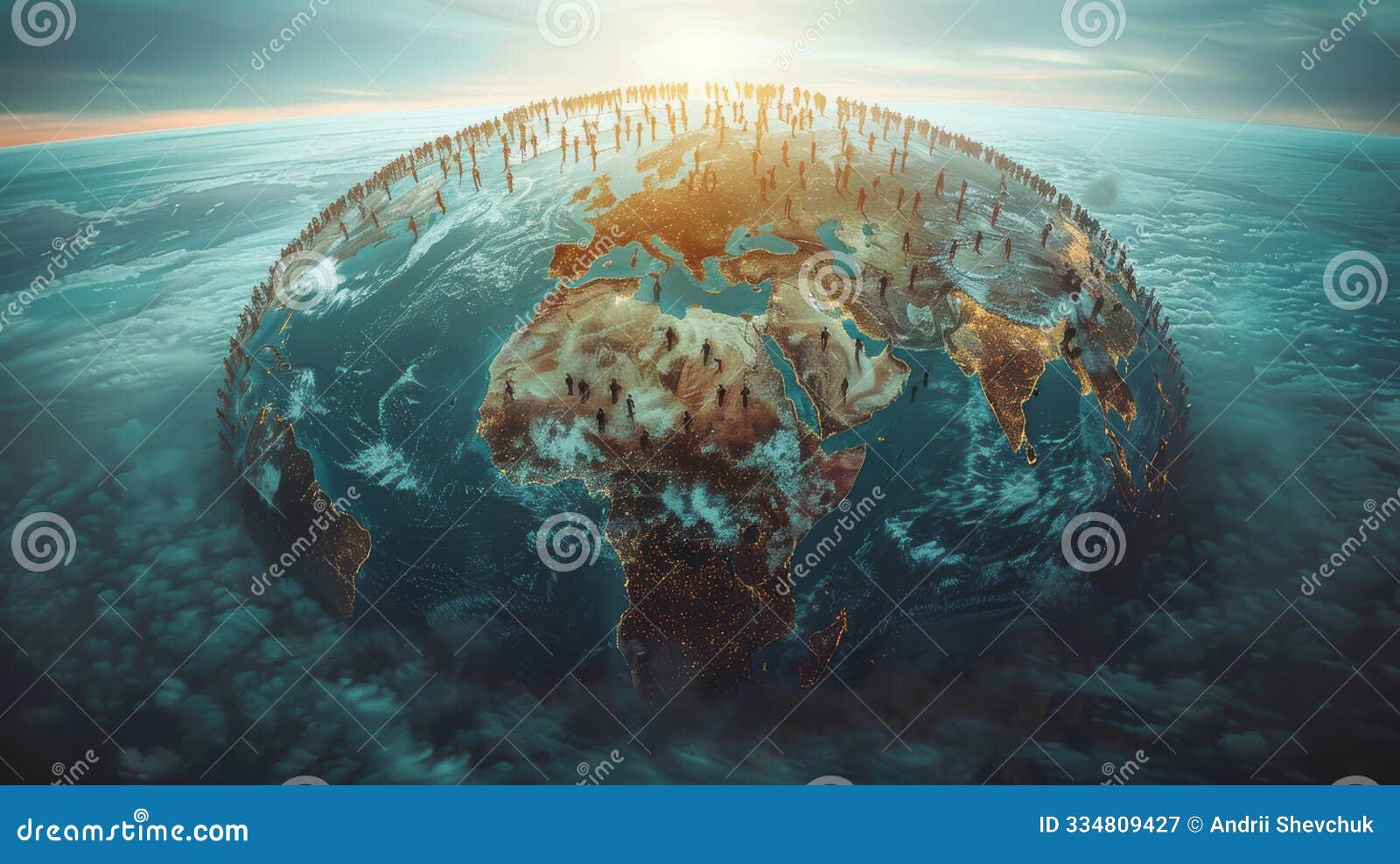global unity concept depicted by diverse people on earth's surface at sunrise