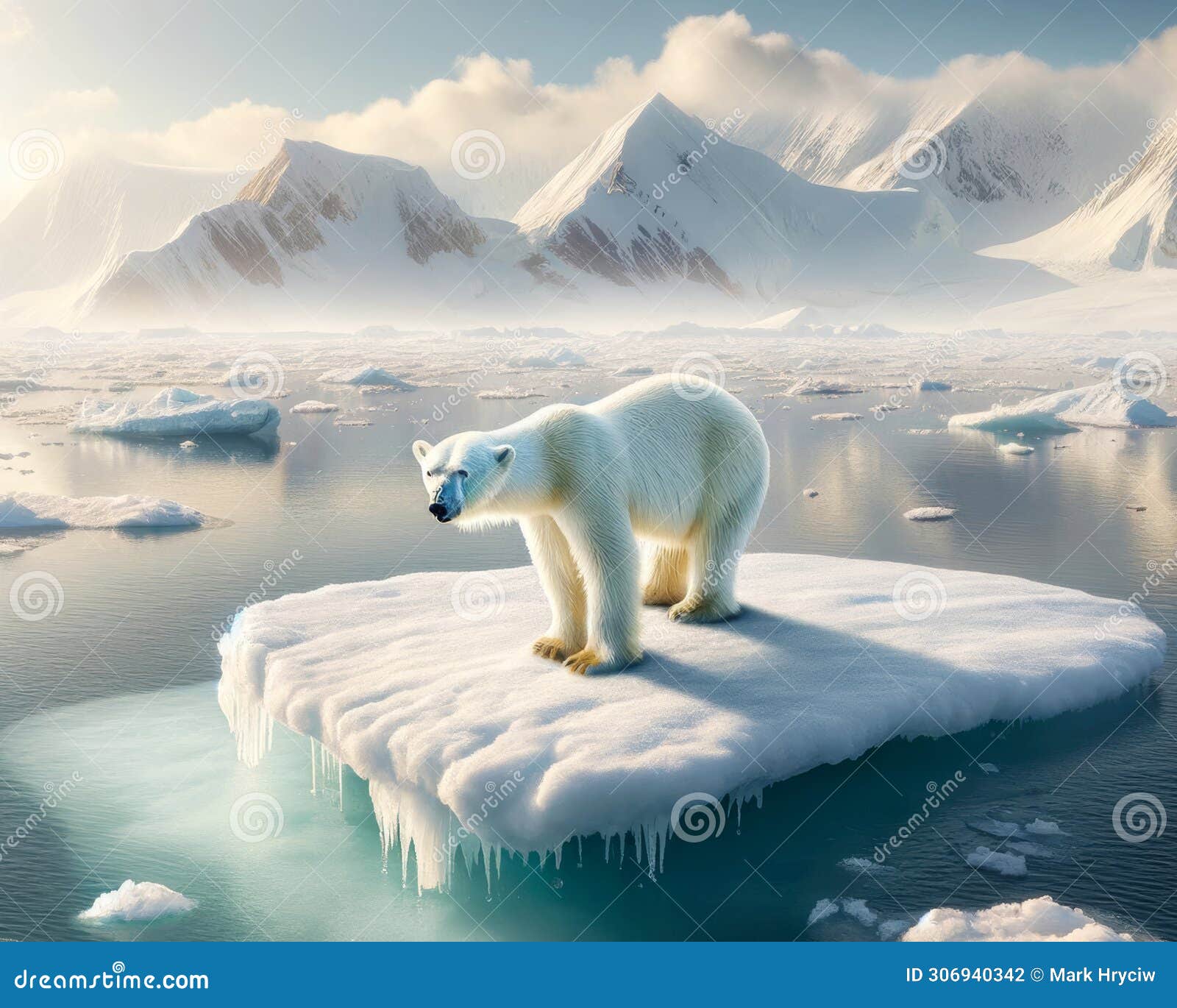 global warming adult polar bear north pole stranded floating ice island melting climate change ai generated