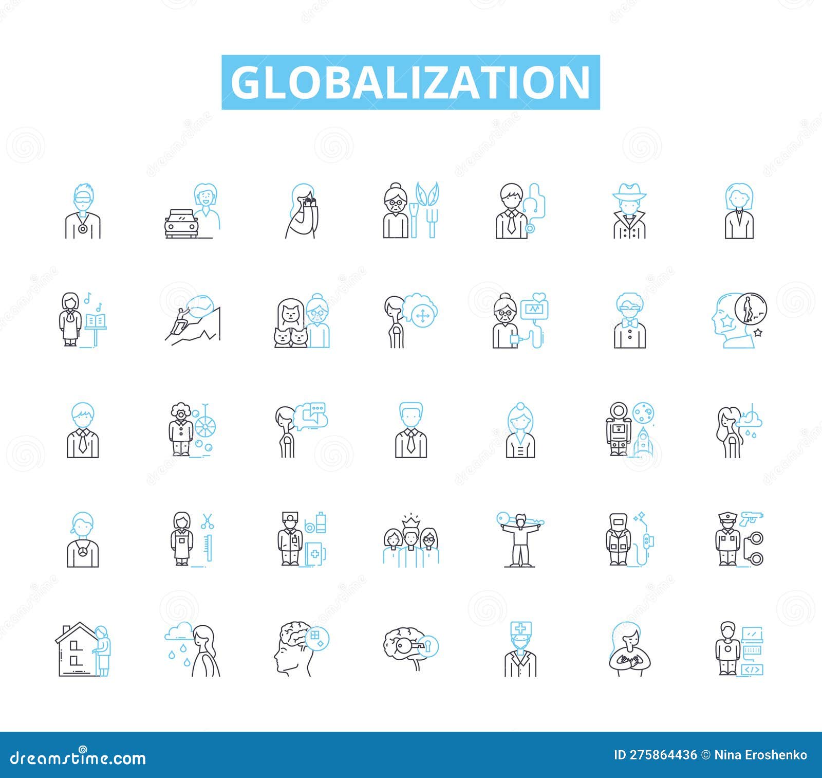 globalization linear icons set. interconnectedness, integration, interdependence, homogenization, cultural exchange