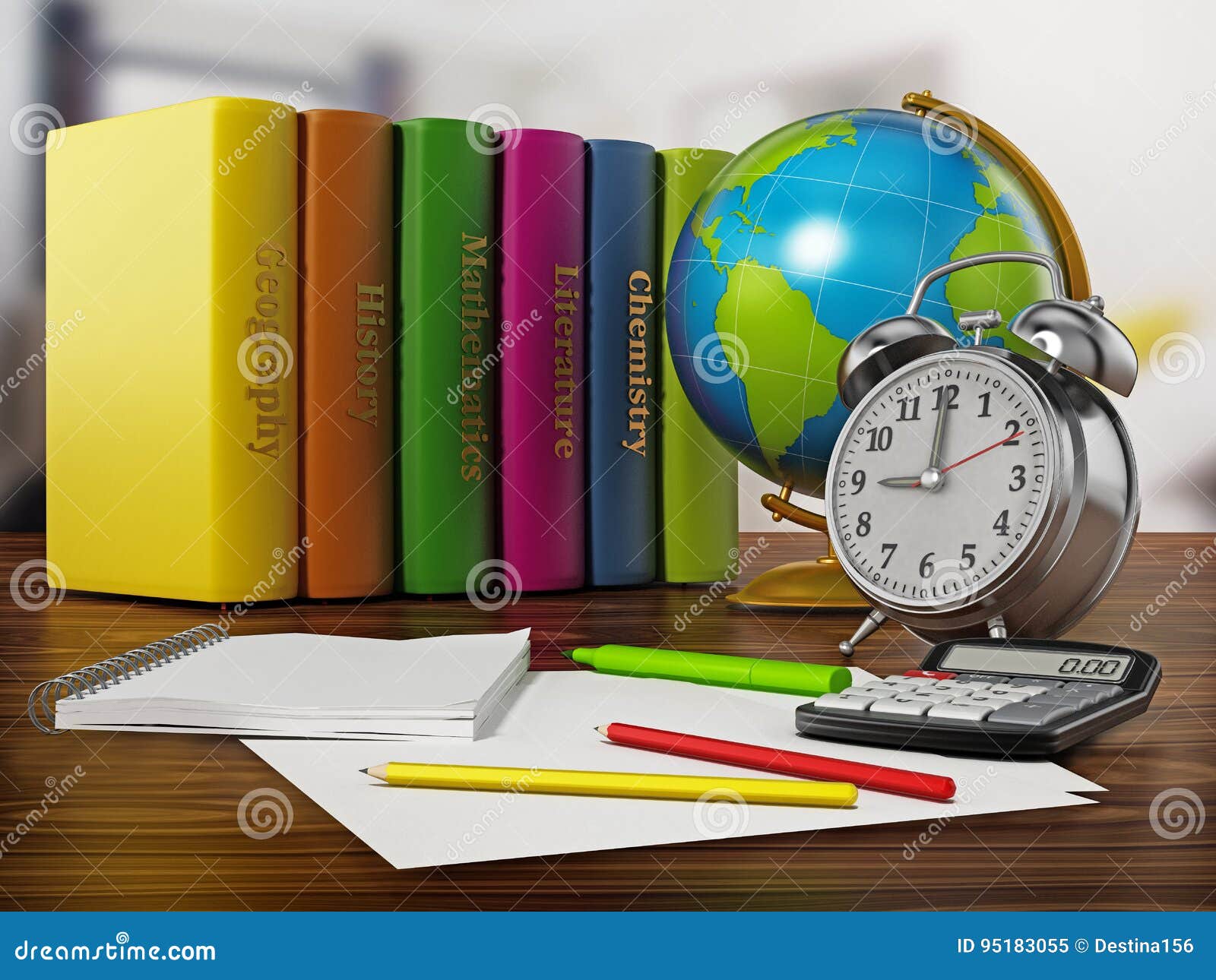 globe, books, clock and pen s on white background. 3d 