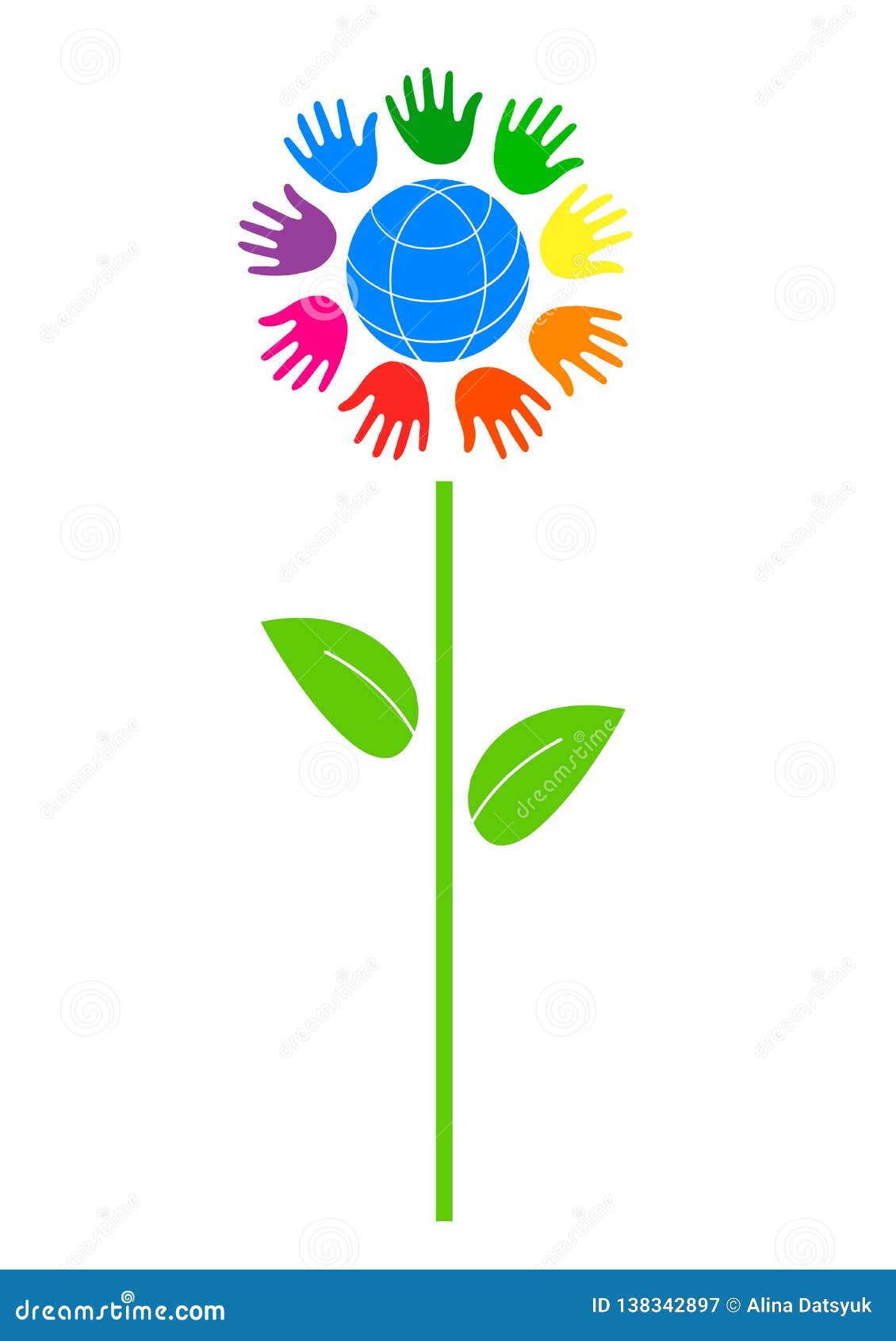 Globe in a Circle of Colored Hands. Flower Symbol of Peace. Stock