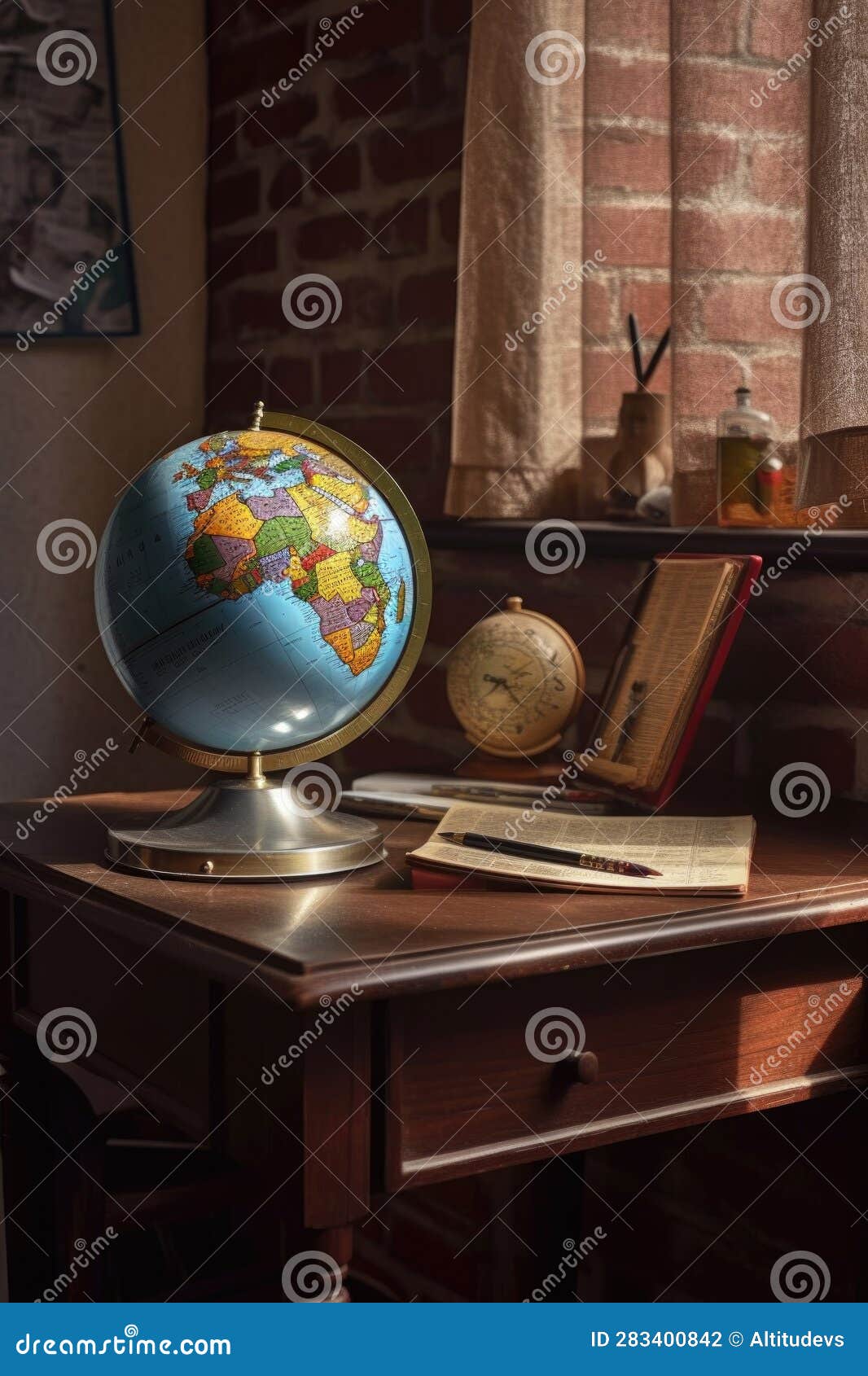 A Globe on a Desk with a World Map in the Background Stock Illustration