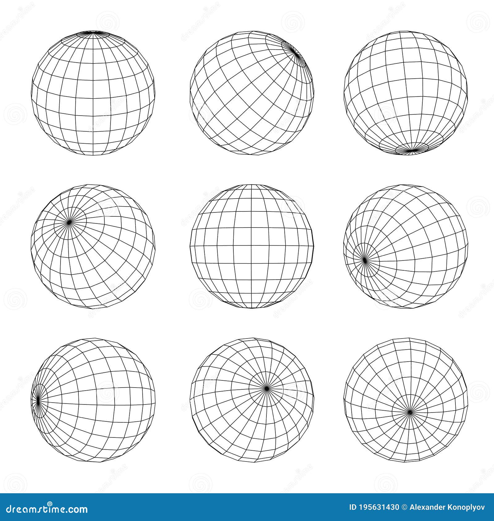 globe grid set. earth, planet, orb wireframe in nine position. geographical longitude, latitude.