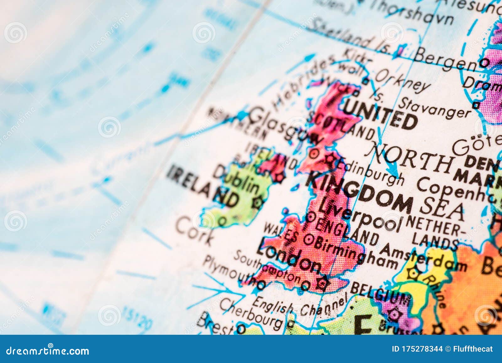 globe map of close-up of great britain, united kingdom and london.