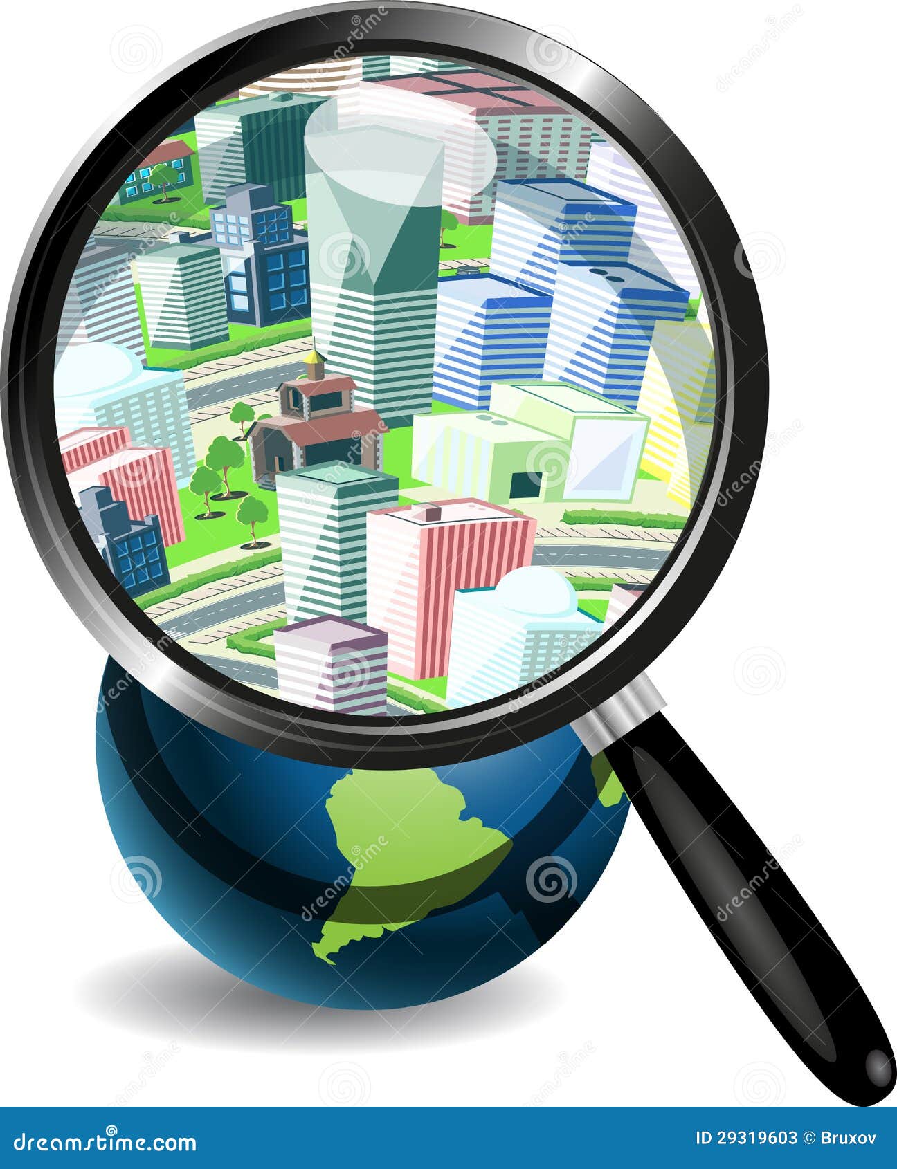Globe Under a Magnifying Glass and the City Stock Vector Illustration